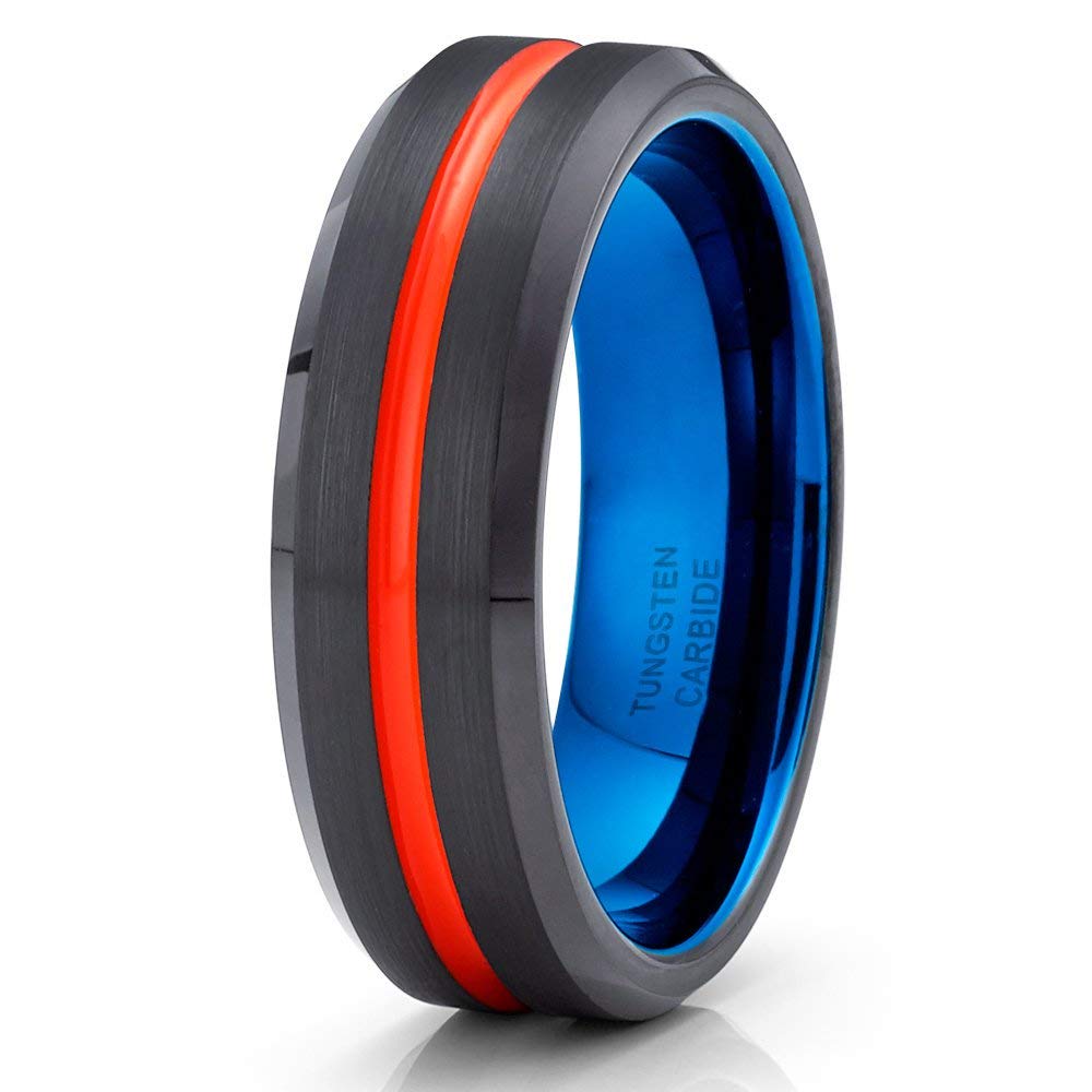 Orange Tungsten Wedding Ring for Men & Women - Comfort Fit Brushed Blue Tungsten Band - Perfect for Anniversaries, Engagements & Everyday Wear