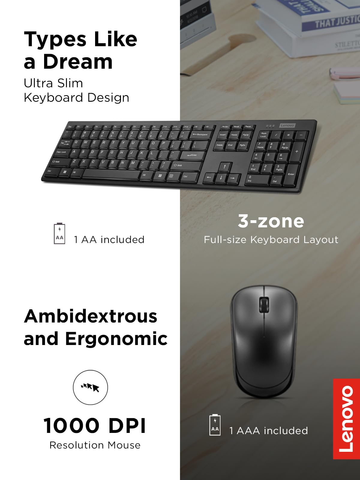 Lenovo 100 Wireless Keyboard and Mouse Combo - Spill-Resistant Quiet Keys, 3-Zone Keyboard, Ambidextrous Mouse - Compact Wireless USB Set for Office, Home & Gaming (Black)