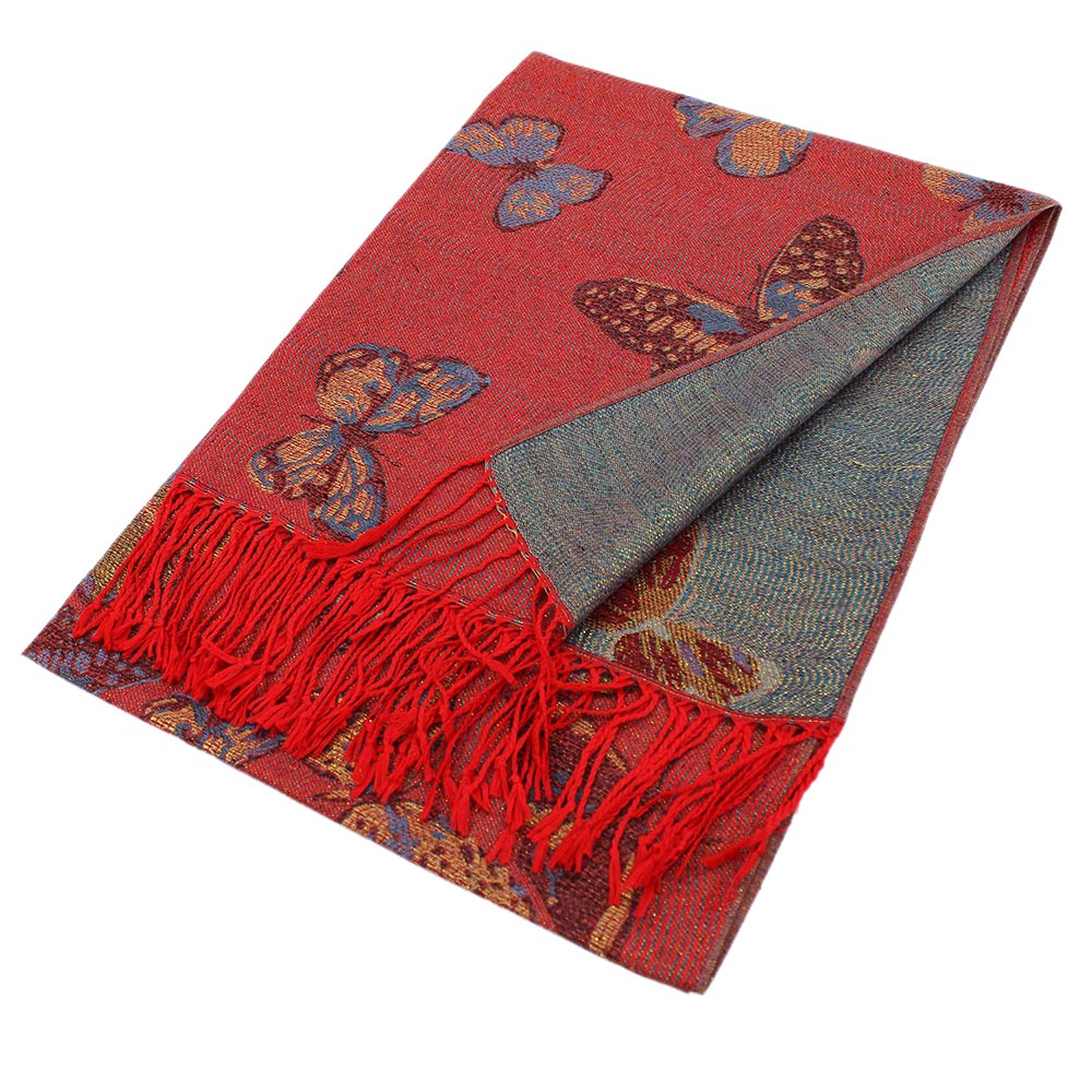 Elegant Red Metallic Butterfly Printed Pashmina Scarf Shawl - Soft & Lightweight Wrap for Women - Perfect for Parties, Weddings & Evening Outfits