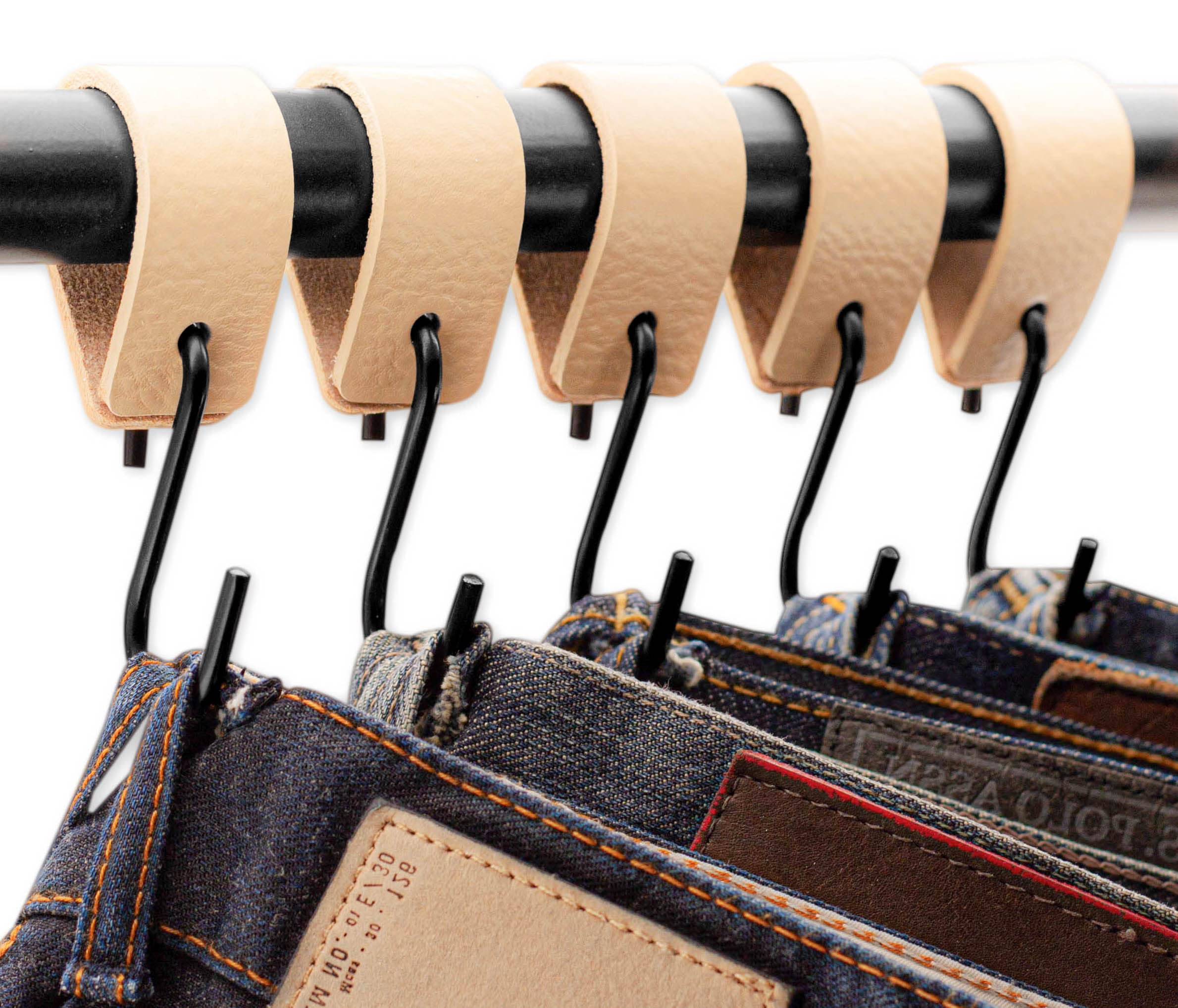 Brute Strength - 12 Pack Multifunctional Leather S-Hooks - Natural Color - Heavy Duty Coat Hooks & Kitchen Organizers - Perfect for Hanging Coats, Bags, Towels & Utensils