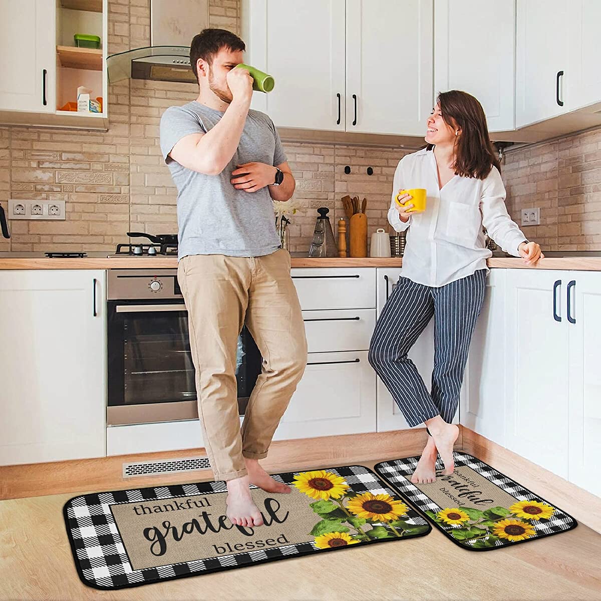 DOMIKING Non-Slip Sunflower Kitchen Rugs - 2 Pack Buffalo Plaid Foam Floor Mats for Farmhouse Decor, Anti-Fatigue Standing Mats for Cooking & Dishwashing Areas - Waterproof Kitchen Accessories for Sink & Counter Use