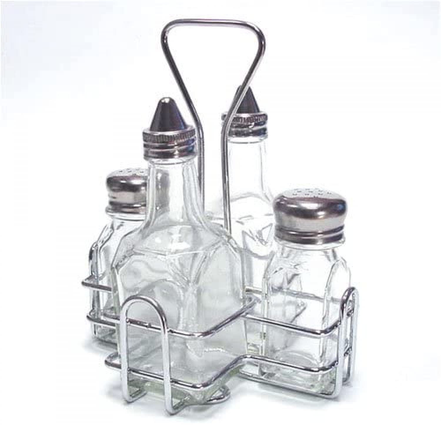 Mavoorick 4 Bottle Holder Set - Includes 2 Oil & Vinegar Bottles and 2 Salt & Pepper Shakers - Perfect for Kitchen, Dining Table, and Restaurant Use