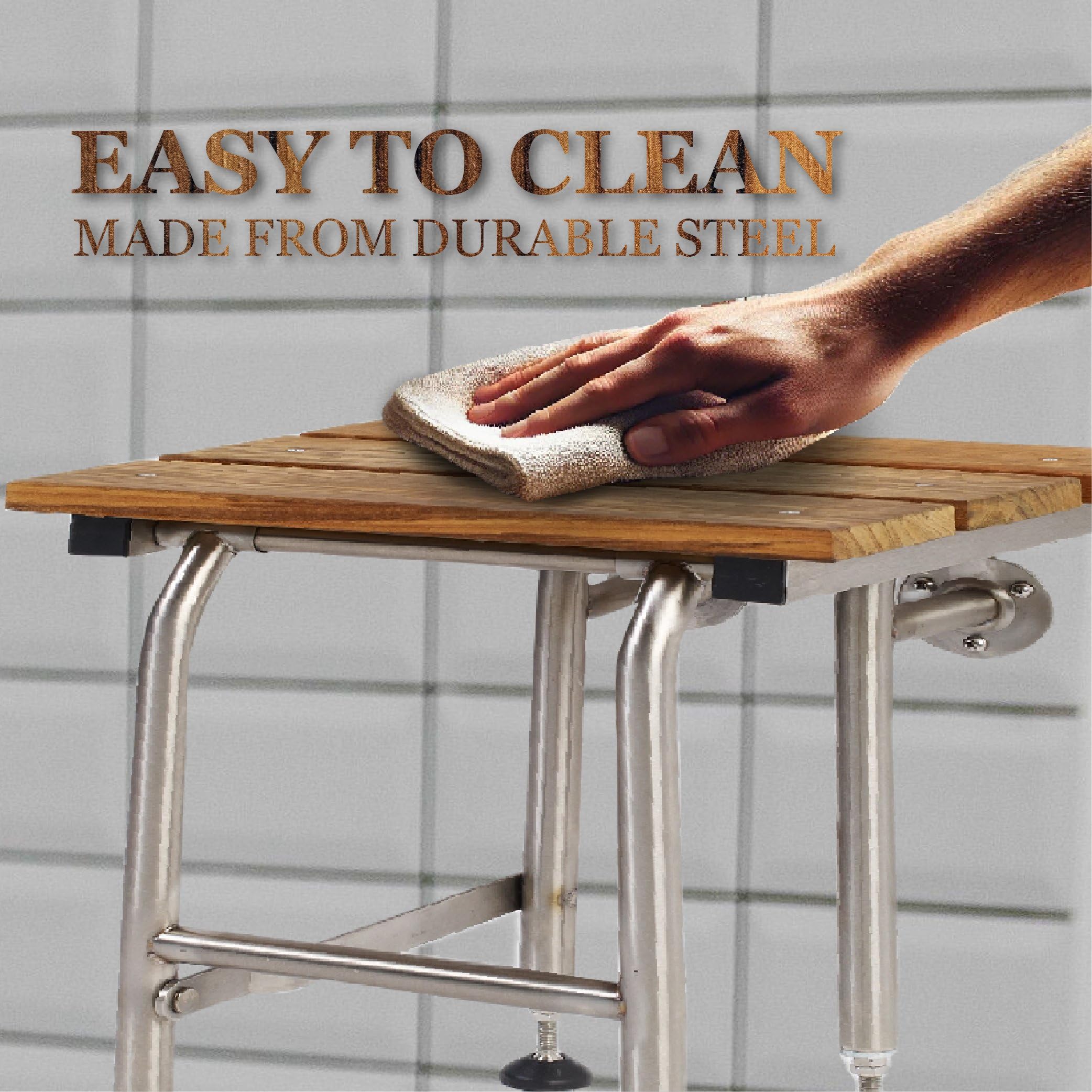 Premium Teak Shower Bench with Sturdy Legs - ADA Compliant Folding Shower Chair for Elderly & Disabled - Wall Mounted Shower Seat Supports 600lbs - 304 Stainless Steel Frame - 34.5