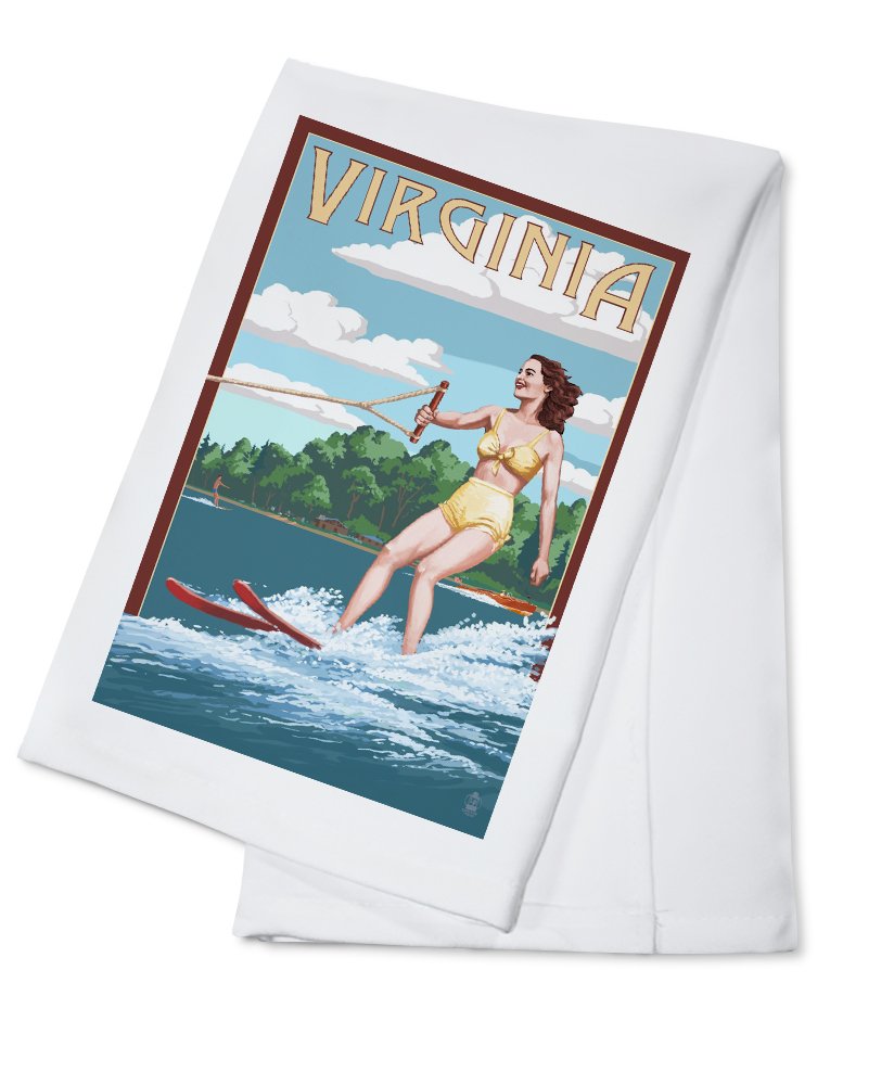 Virginia Water Skier and Lake Design 100% Cotton Tea Towel - Decorative Hand Towel for Kitchen, Bathroom & Home Decor - Perfect for Dish Drying, Gift Giving and Farmhouse Style Decor