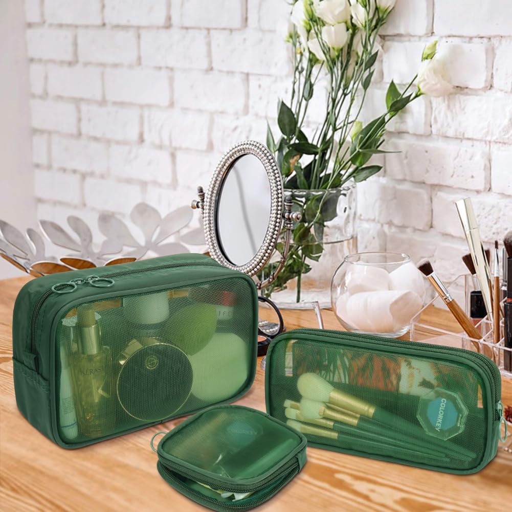 3 Pack Mesh Makeup Bags with Zipper - Nylon Cosmetic Organizer Set for Toiletries, Travel & Diaper Bag (Green) - Perfect for Gym, Vacation & Daily Purse Organization