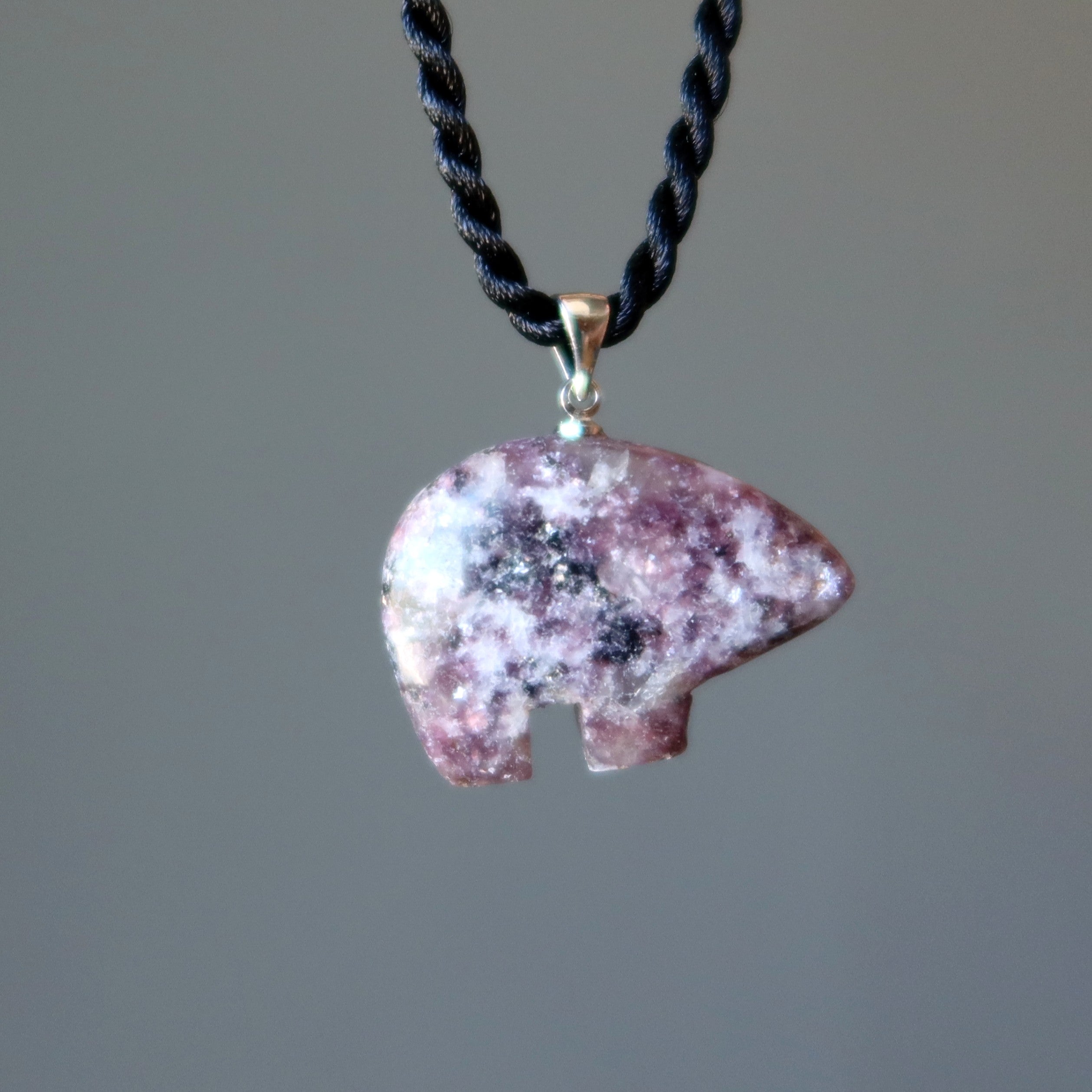 Lepidolite Necklace with Purple Bear Gemstone - Black Twist Cord for Stress Relief & Positive Energy | Perfect for Meditation, Yoga & Spiritual Healing