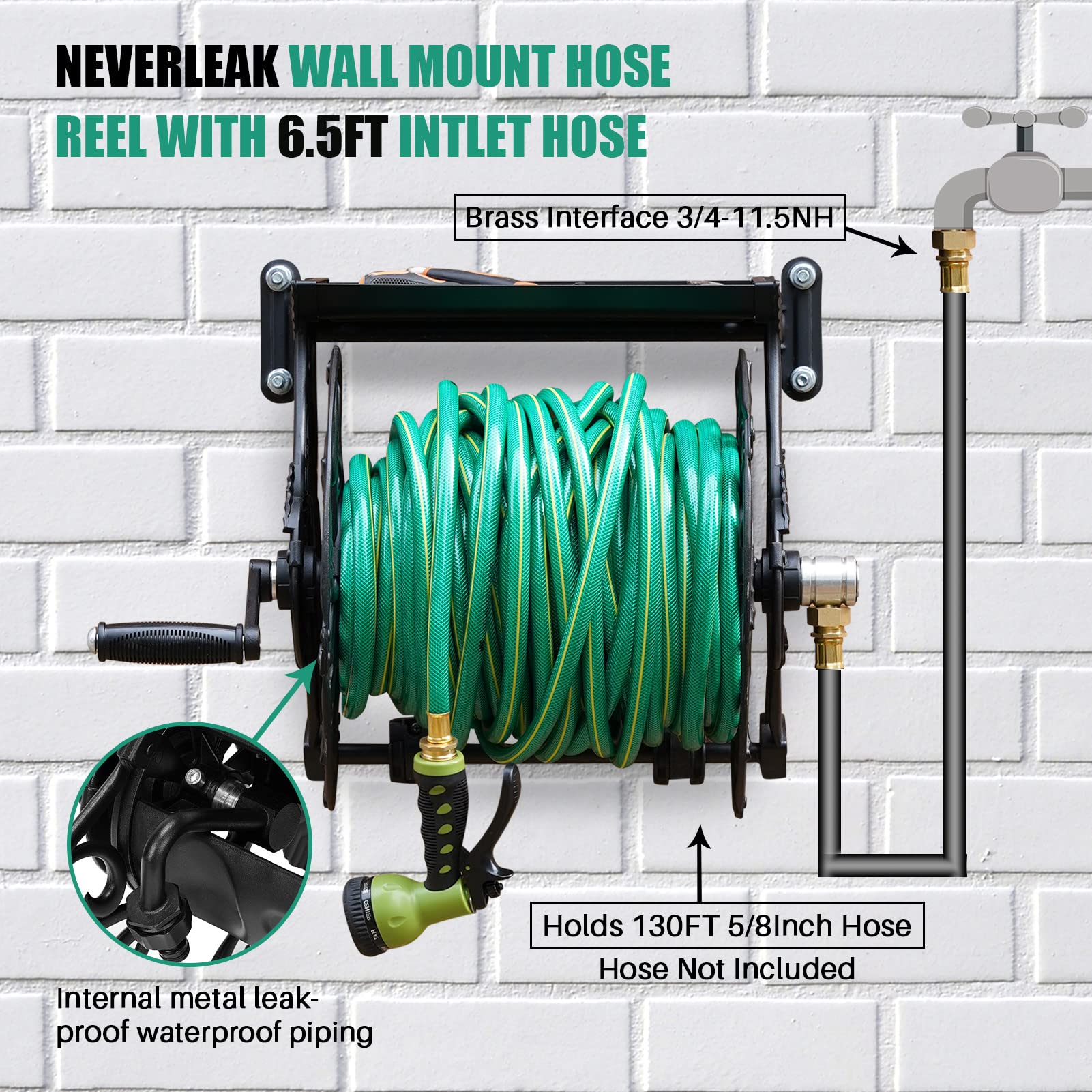 **Wall Mount Garden Hose Reel with 6.5ft Leader Hose & Storage Shelf – Holds 130ft of 5/8