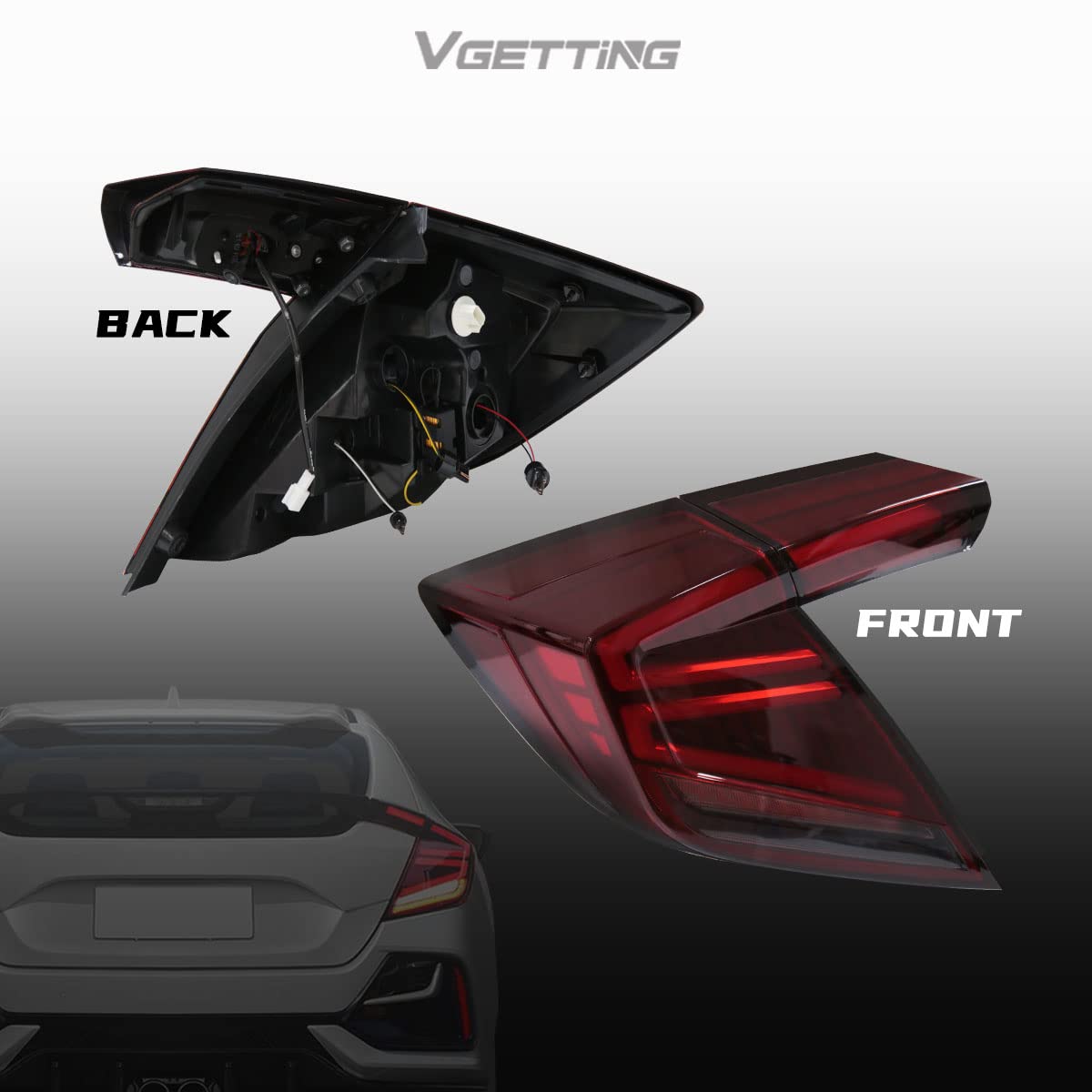 2016-2020 Honda Civic Type-R Hatchback LED Tail Lights - Red Lens Sequential Turn Signal DRL Reverse Brake Light Assembly | Upgrade for Night Driving & Car Shows