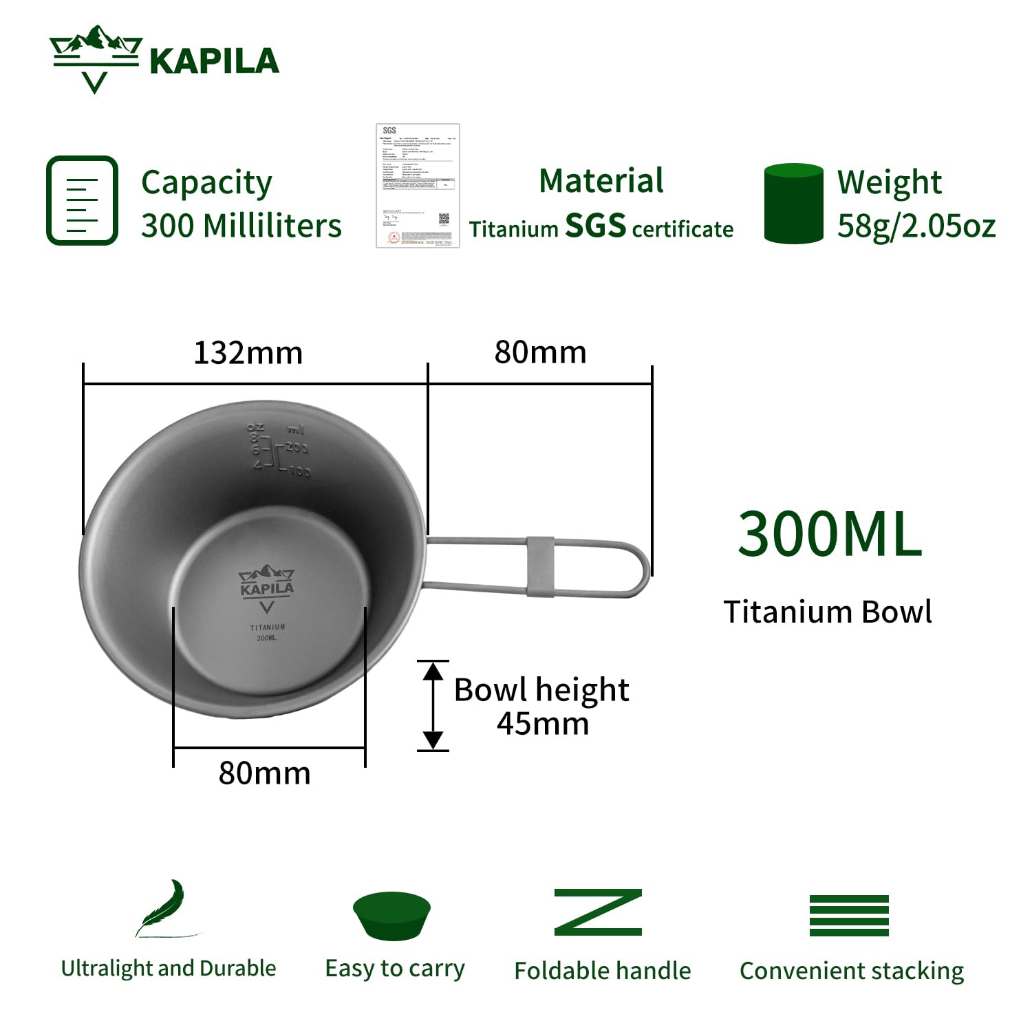 KAPILA 300ml Titanium Camping Bowl with Folding Handle - Lightweight Outdoor Tableware for Hiking, Backpacking & Picnic (Dish, Cup, Cookware)