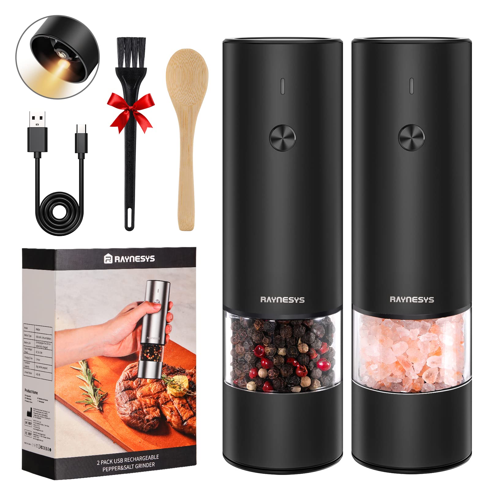 Raynesys Rechargeable Electric Salt and Pepper Grinder Set - Stainless Steel Adjustable Coarseness Mill with One-Hand Operation - Modern Black Kitchen Gadgets (2 Pack) for Cooking, Dining & Home Use