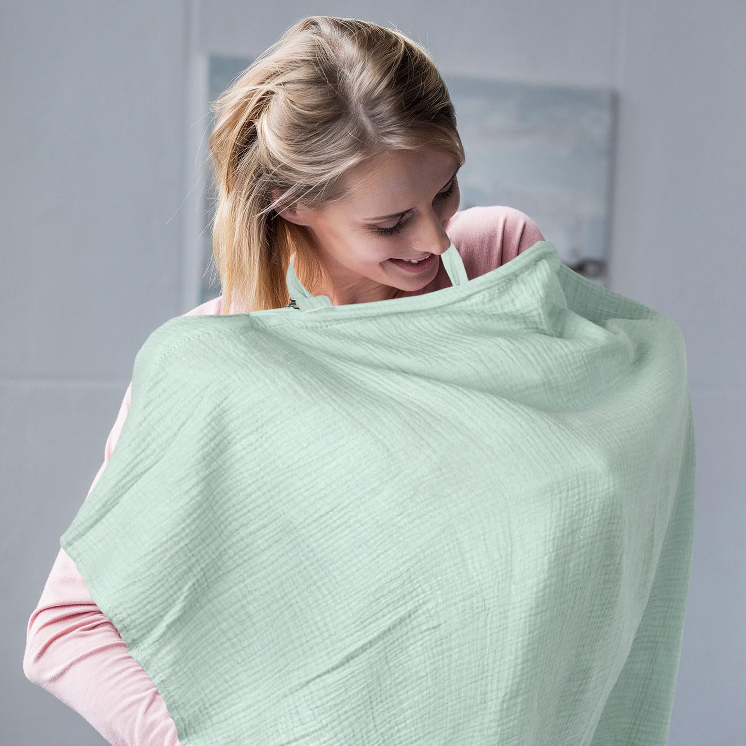 100% Cotton Muslin Nursing Cover - Breathable Breastfeeding Cover with Arch Neckline, Full Car Seat Coverage & Easy Baby Viewing - Light Green Multi-Use Nursing Scarf for Moms (Perfect for On-the-Go Feeding, Shopping & Travel)