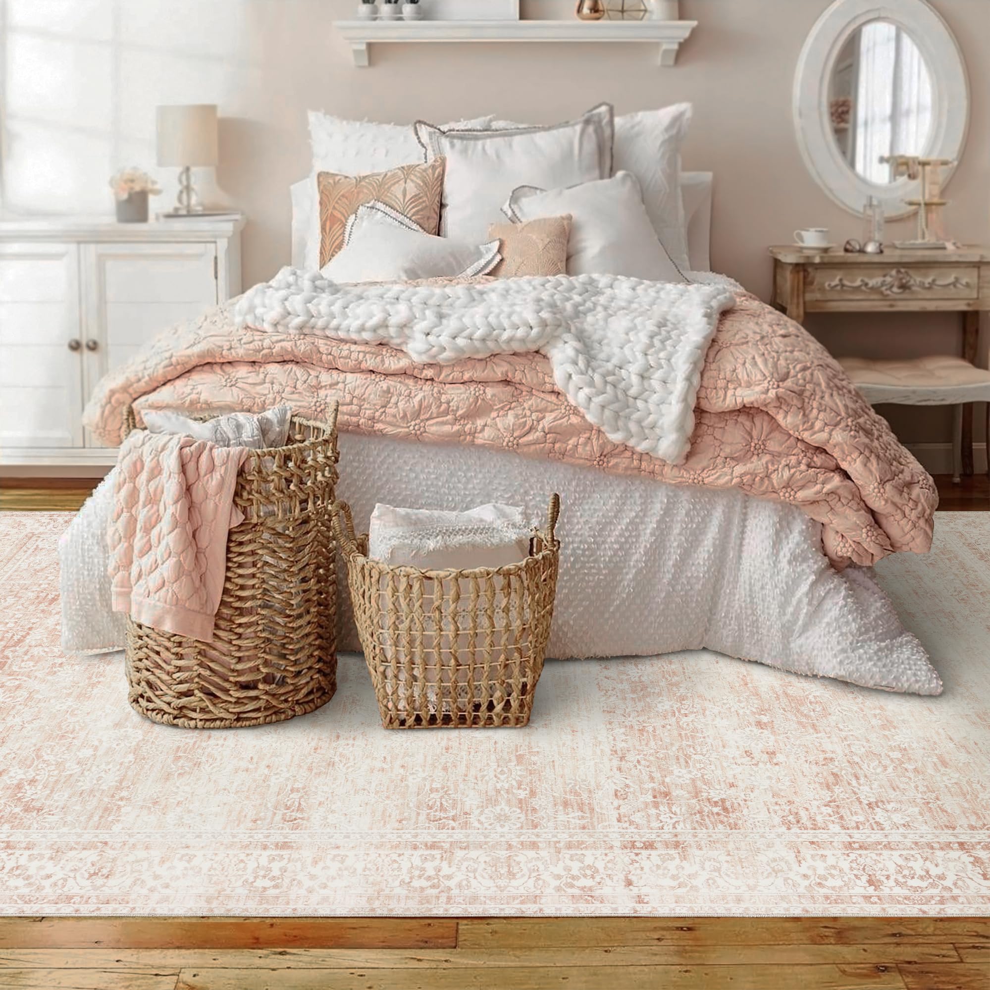 Light Pink 6x9 Bedroom Rug - Soft Faux Wool Machine Washable Boho Floral Carpet for Girls Room, Nursery, Playroom & Office | Aesthetic Feminine Home Decor