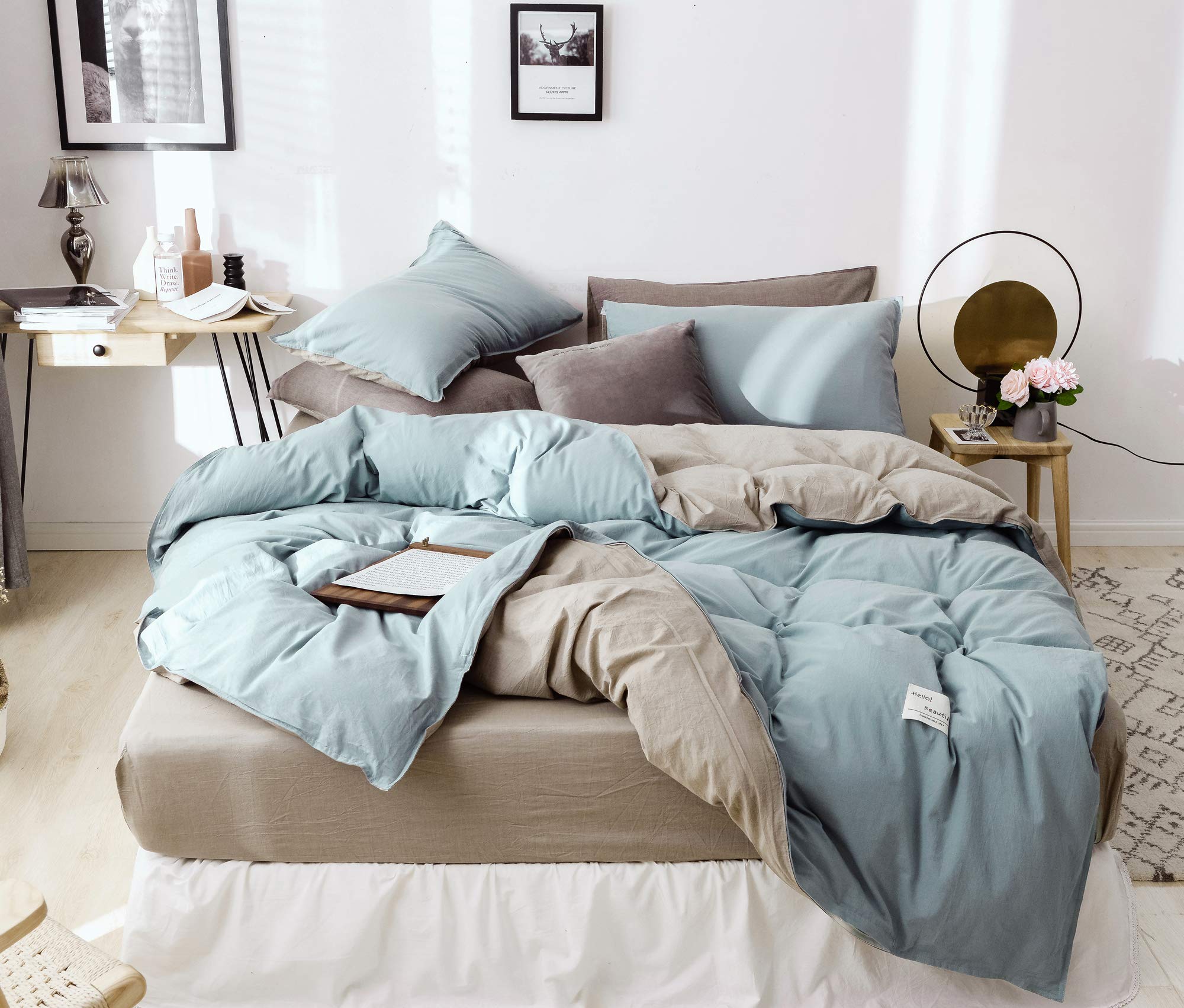 Premium 100% Cotton 200 Thread Count Duvet Cover Set - California King Size (Blue-Grey & Brown) with 2 Pillowcases | MOON'S SLEEPWARES Herse Series | Soft & Breathable Bedding for Luxurious Comfort - Perfect for Master Bedrooms, Guest Rooms & Hotels