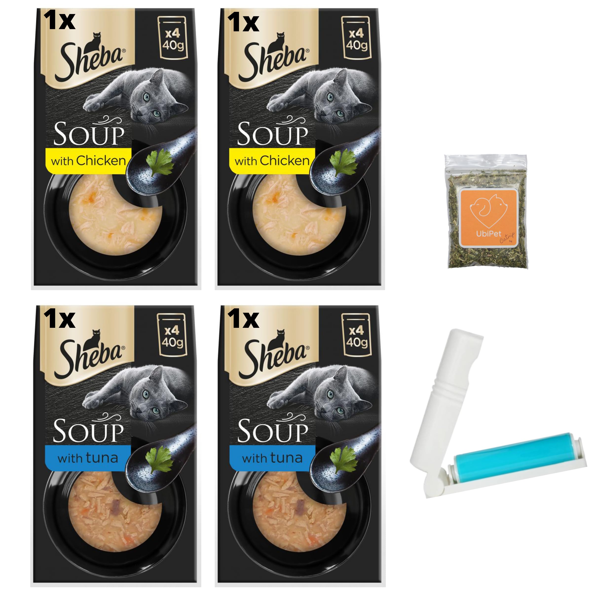 Premium Cat Soup Mini Bundle - Chicken & Tuna Flavor (16 Pouches x 40g) with Free Catnip & UbiPet Lint Roller - Wet Food Topper for Picky Eaters, Perfect for Travel & Daily Feeding