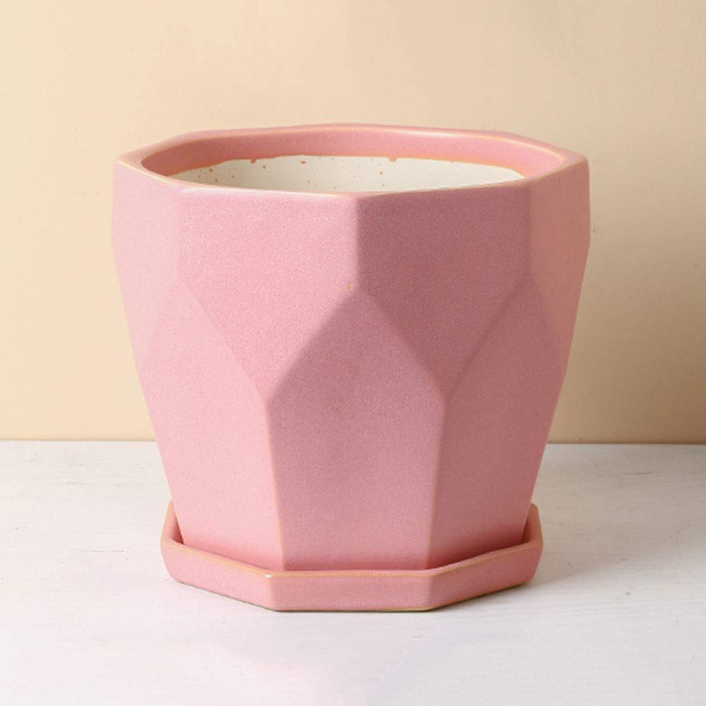 Geometric Ceramic Flower Pot with Tray - Breathable Polyhedron Planter for Small Plants, Succulents, Bonsai - Modern Office & Home Decor - Perfect for Desktops, Shelves, and Indoor Gardens