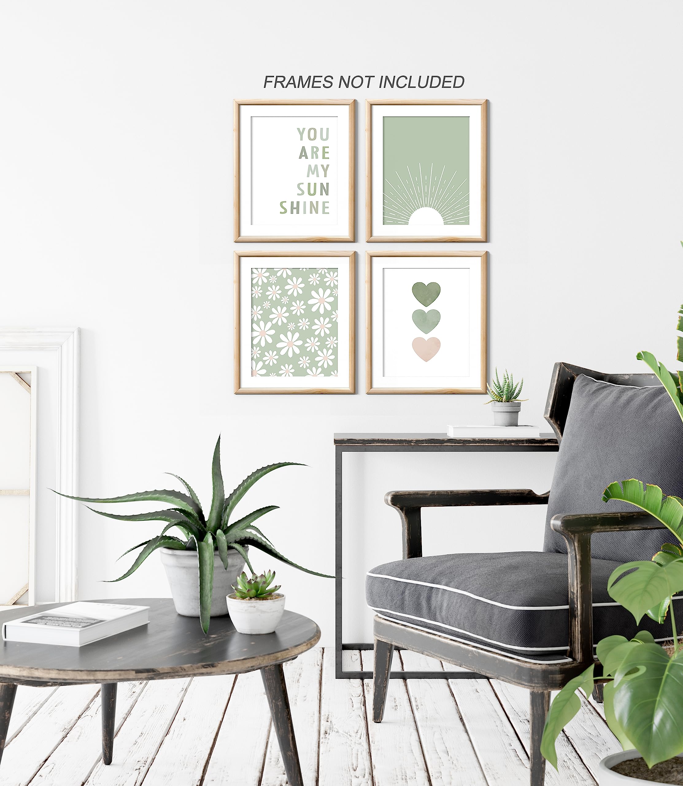 Boho Sage Green Sun Daisy Flower Heart Wall Art Prints - Set of 4 Unframed 8x10 Inch Posters | Bohemian Nursery Decor for Baby Girls Room | Perfect as Boho Gifts for Girls & Wall Decor | Ideal for Nursery, Bedroom, Living Room & Boho-Themed Spaces