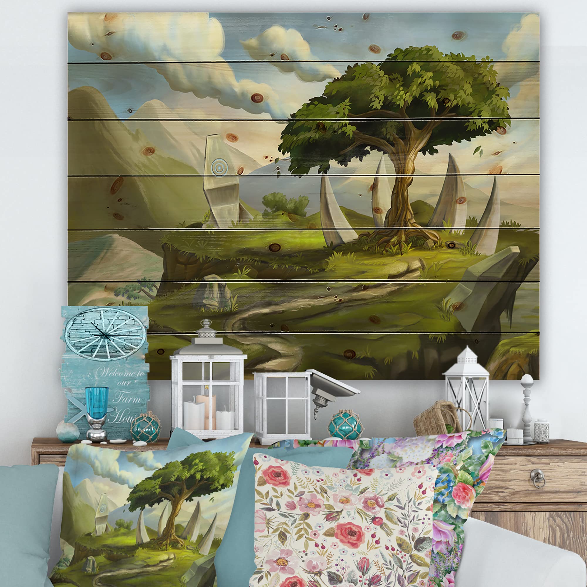 Fantasy Landscape Sacred Tree Wood Wall Art - Traditional Green Wood Wall Decor, Large Pine Wood Panel Prints for Living Room, Bedroom & Office Decor