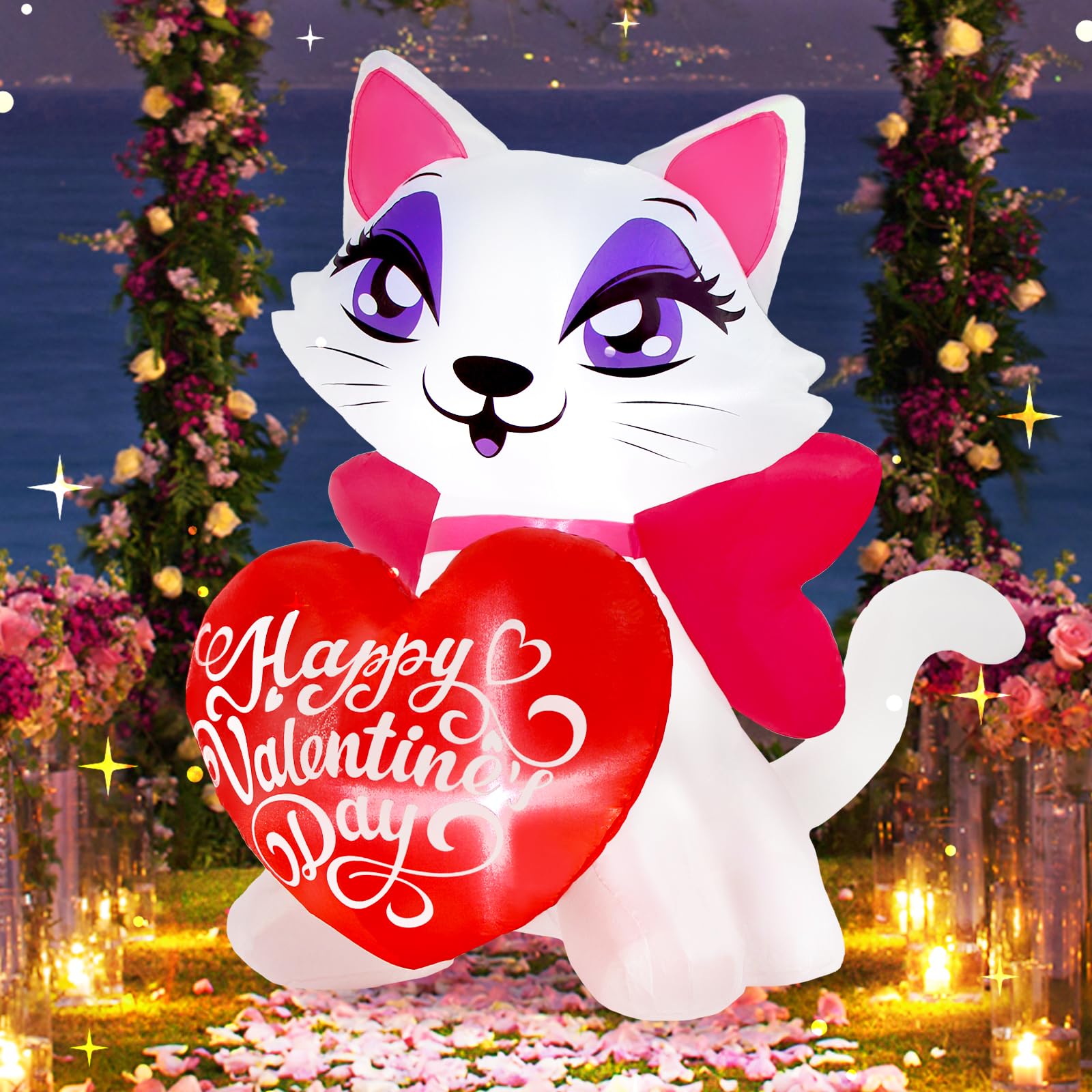4 FT Valentine's Inflatable Cat Decor with LED Lights - Outdoor Wedding, Garden & Indoor Holiday Decoration for Lawn, Yard & Parties - Romantic Heart-Shaped Kitty for Anniversaries, Proposals & Special Events