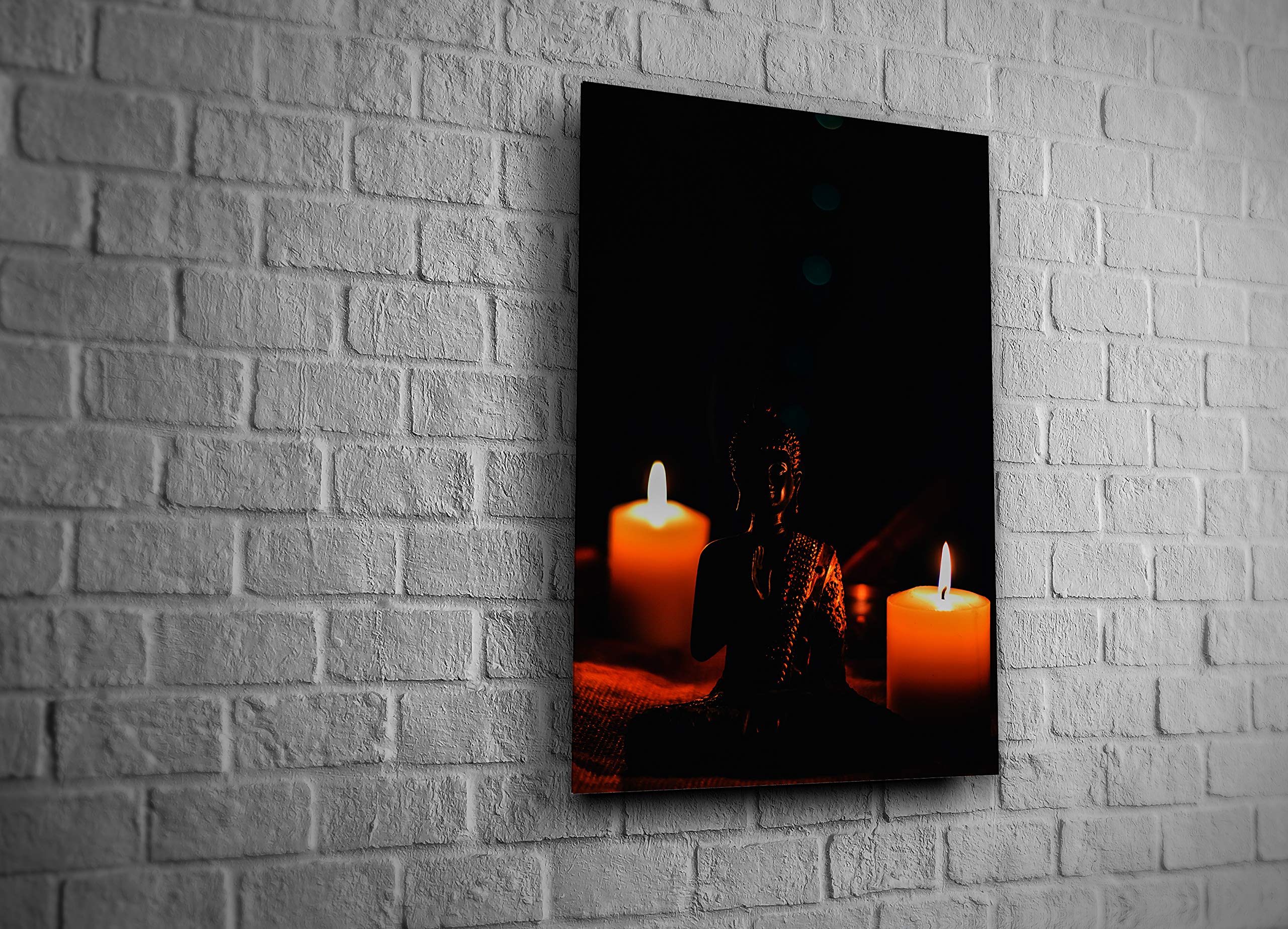 Buddha & Candles Tempered Glass Wall Art - 16x24 Inches Buddhist Symbol Decor for Home, Office, Hotel - Modern Spiritual Gift for Meditation Room & Yoga Studio