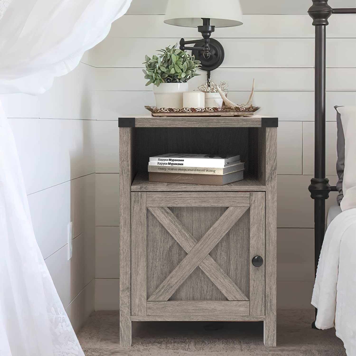 Rustic Gray Farmhouse Nightstand Set of 2 - Modern Barn Door End Table with Shelf for Bedroom & Living Room - Perfect for Small Spaces, Guest Rooms & Cozy Home Decor