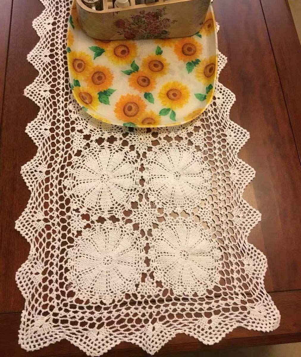 Handmade Beige Crochet Cotton Table Runner - 20x63 Inch Lace Doily Rectangular Dresser Scarf - Perfect for Dining Tables, Coffee Tables, and Home Decor