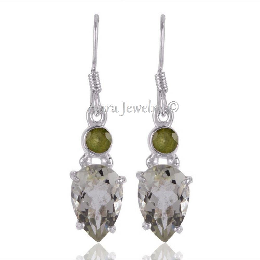 925 Sterling Silver Dangle Earrings for Women - Natural Green Amethyst & Peridot Gemstone Prong Set Hypoallergenic Trendy Jewelry | Halloween Gift, Party Wear, Wedding Accessories, Everyday Elegance
