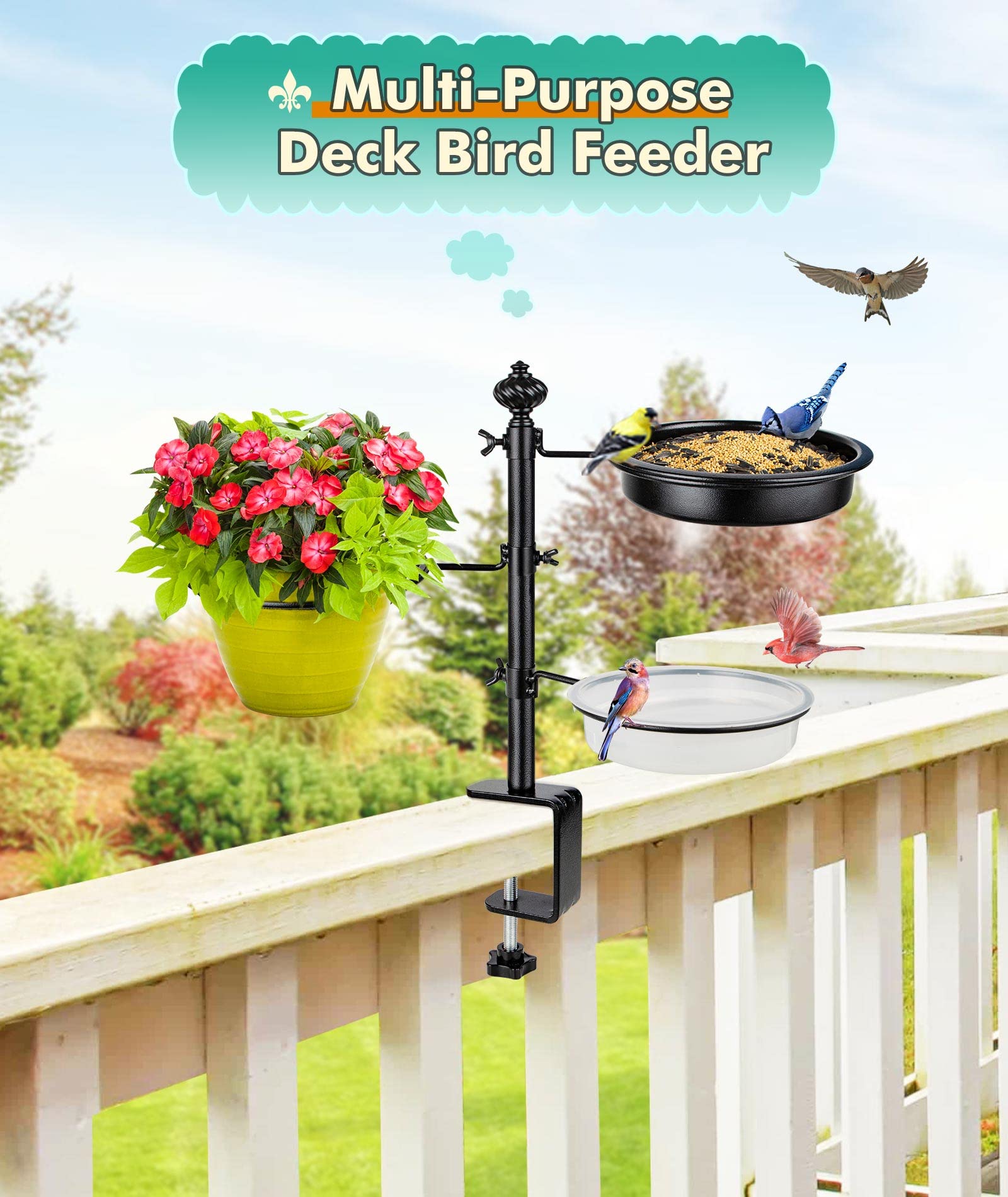 BOLITE Enhanced Black Deck Bird Feeder with 3 Trays - Hanging Balcony Bird Feeders for Outdoor Railings - Attract Cardinals, Finches & Wild Birds to Your Garden or Patio