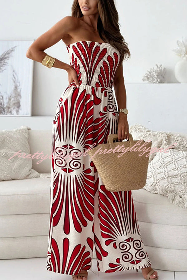 Stylish Printed Off-Shoulder Pleated Wide Leg Jumpsuit for Women - Perfect for Casual Outings, Beach Vacations & Summer Parties
