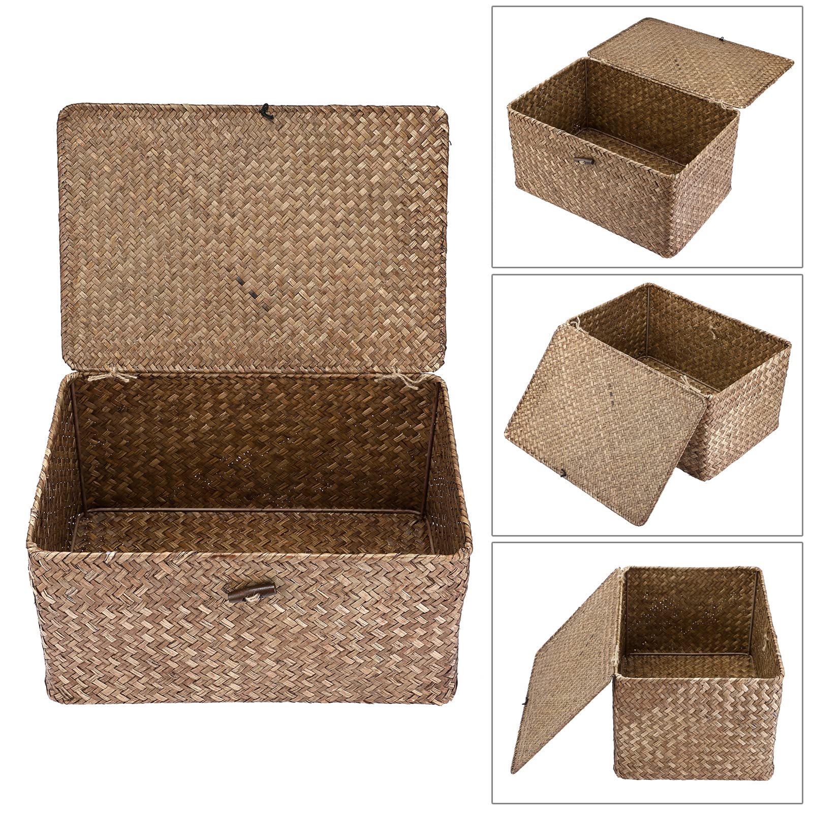 Hipiwe Wicker Storage Baskets with Lids - Handwoven Seagrass Rectangular Bins for Home Organization | Shelf, Wardrobe & Coffee Bar Storage | Large Household Storage Boxes for Bedroom, Bathroom & Living Room Decor