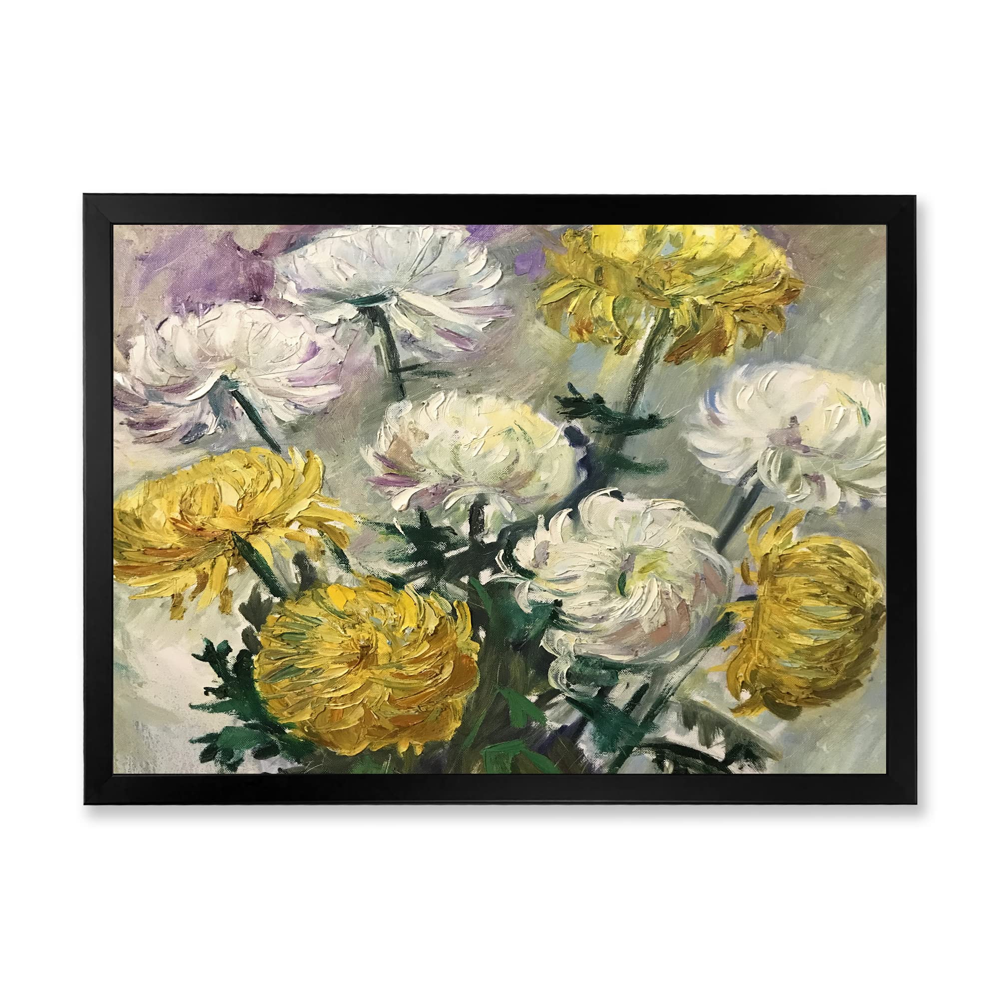 DesignQ White and Golden Daisies Traditional Framed Wall Art - Vintage Floral Canvas Painting for Living Room, Bedroom & Office Decor