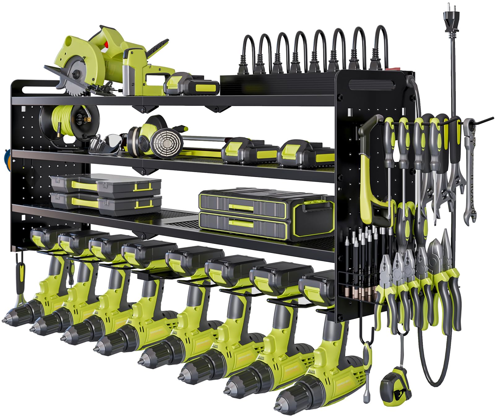 Wall Mounted Power Tool Organizer with Charging Station - 8 Drill Holder & 4 Layer Storage Rack for Garage Organization - Includes 8 Outlet Power Strip (Black) | Perfect for Workshop, Garage & DIY Projects