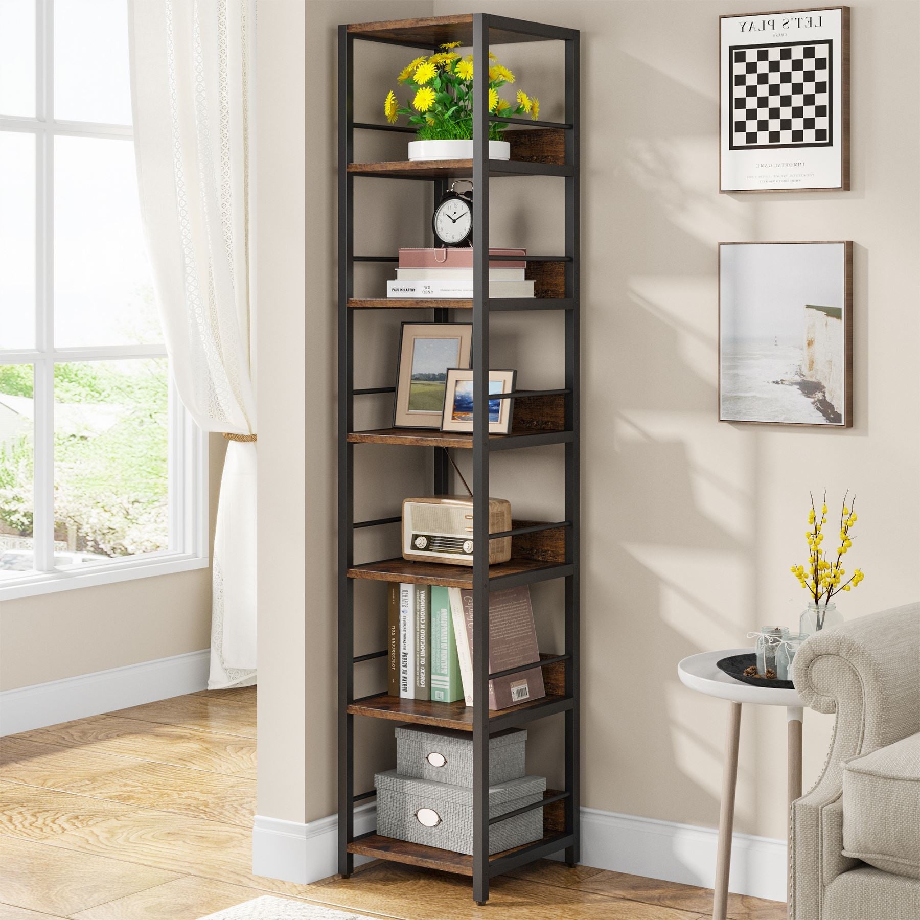 6 Tier Corner Shelf - Narrow Etagere Bookshelf for Bedroom, Bathroom & Living Room Storage | Space-Saving Organizer for Books, Plants & Decor