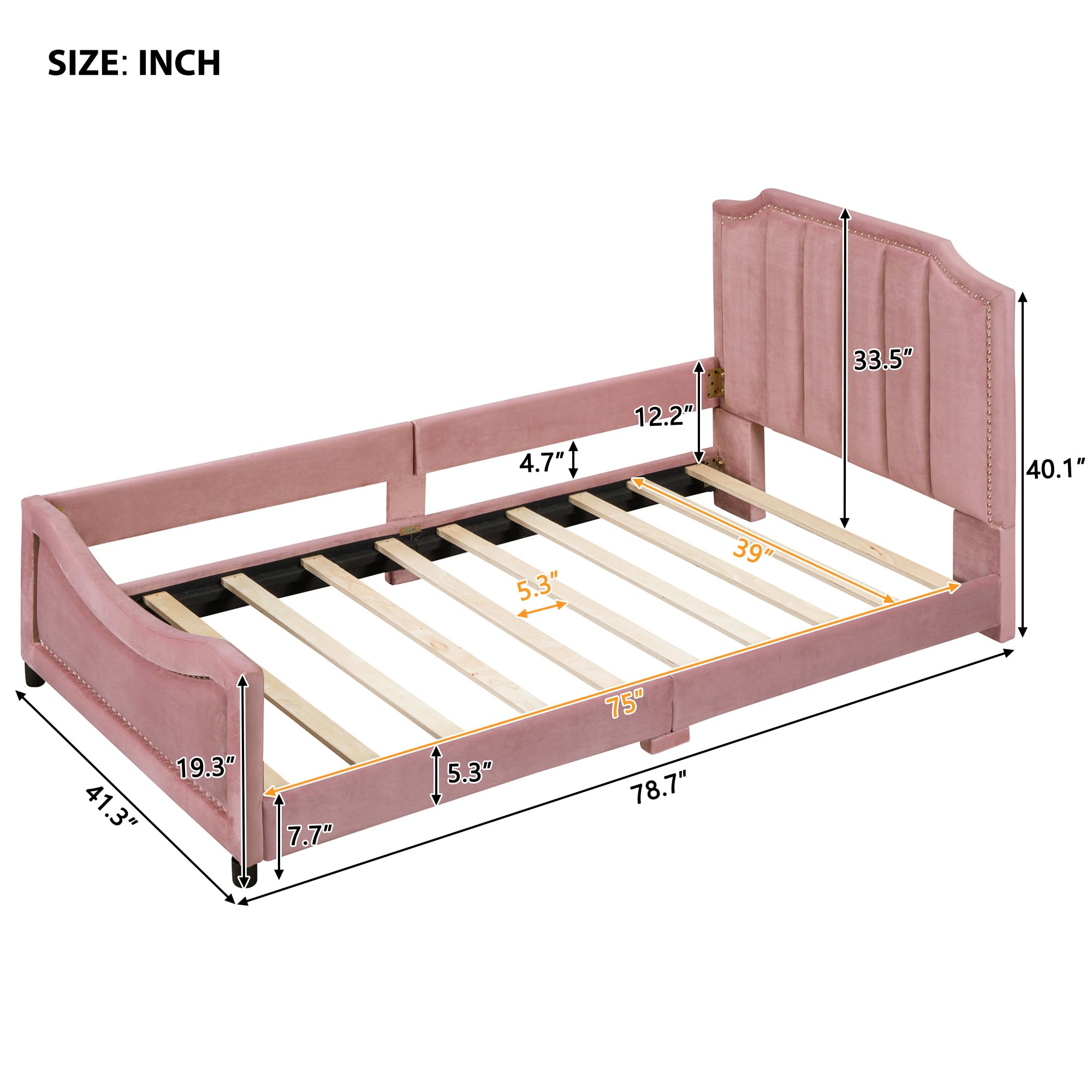 Harper & Bright Designs Upholstered Twin Daybed Frame for Kids - Velvet Twin Bed with Classic Striped Headboard, Sturdy Wood Frame for Boys & Girls - Pink (Perfect for Bedrooms, Playrooms & Guest Rooms)