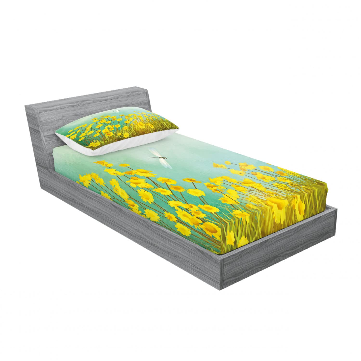 Ambesonne 2-Pack Twin XL Fitted Sheet & Pillow Sham Set - Floral Daisy and Dragonfly Design, 4-Piece Bedding Set in Green & Yellow | Soft Microfiber for Comfortable Sleep, Perfect for Guest Rooms, Dorms, and Kids' Bedrooms