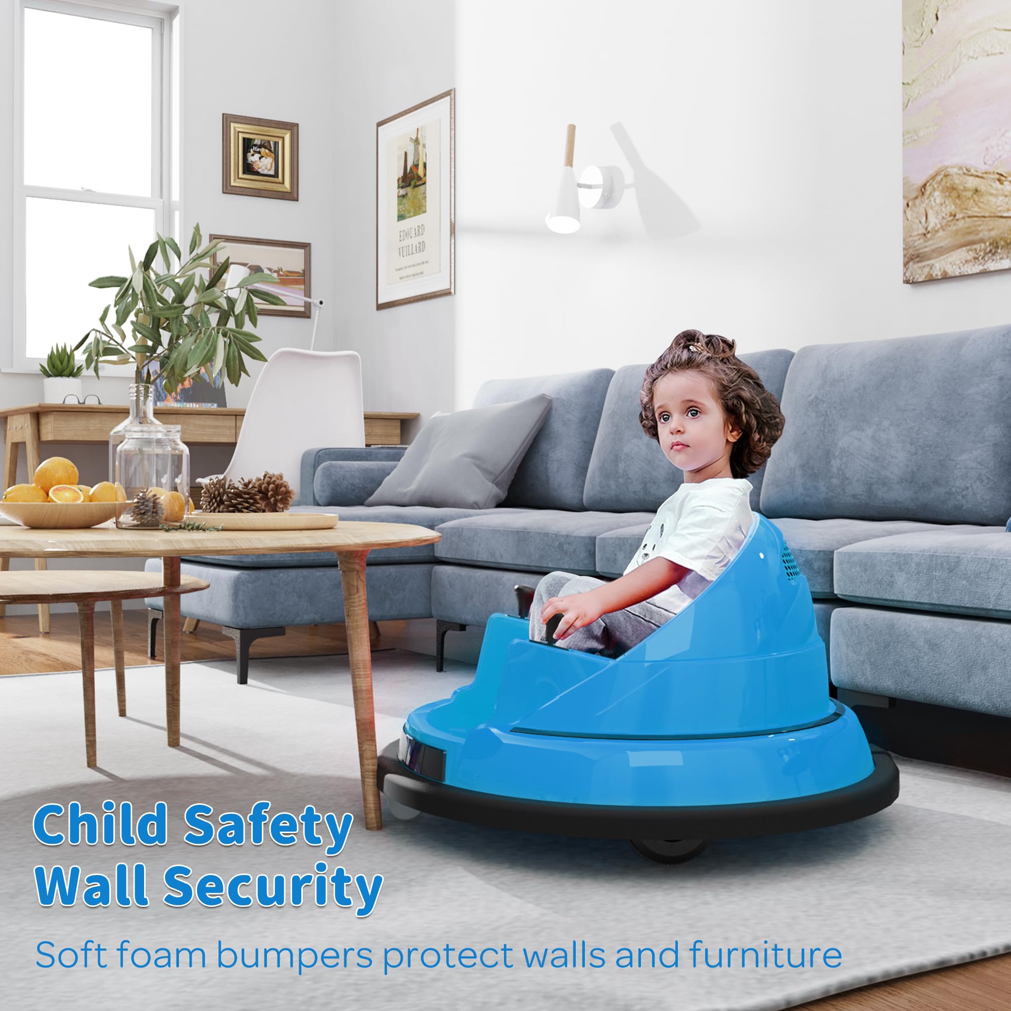 ROOMTEC 12V Kids Ride On Bumper Car with Remote Control - Safe 360° Spinning Toddler Electric Car with Flashing Lights & Music - Birthday Gift for Boys Girls Ages 1-3 (Blue) - Perfect for Indoor Playrooms, Backyard Fun & Birthday Parties