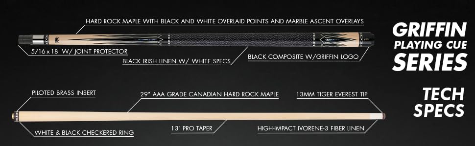 Premium Griffin GR26 Pool Cue - Professional Hard Rock Maple Billiard Stick with Black & White Inlaid Points - 18oz Weight for Perfect Balance - Ideal for Tournament Play & Home Game Rooms
