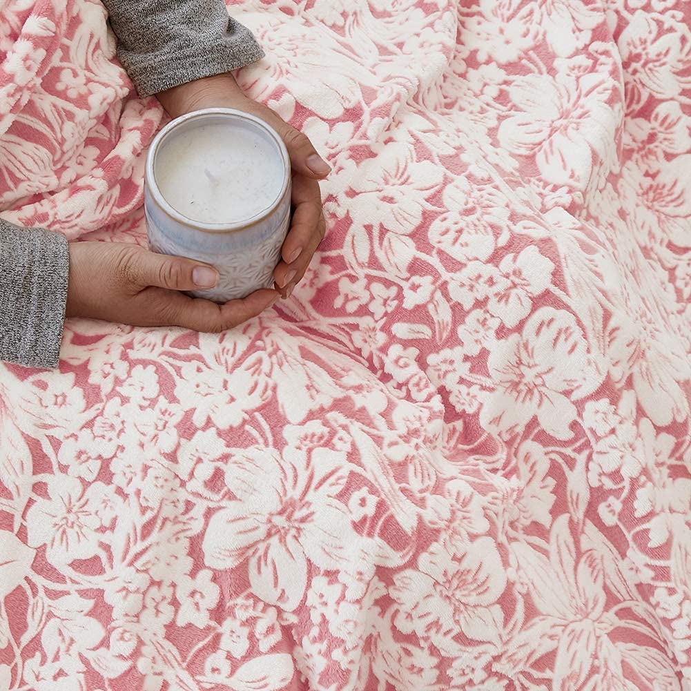 FY FIBER HOUSE Flannel Fleece Throw Blanket - Ultra Soft Lightweight Microfiber Blanket with Floral Print, 90