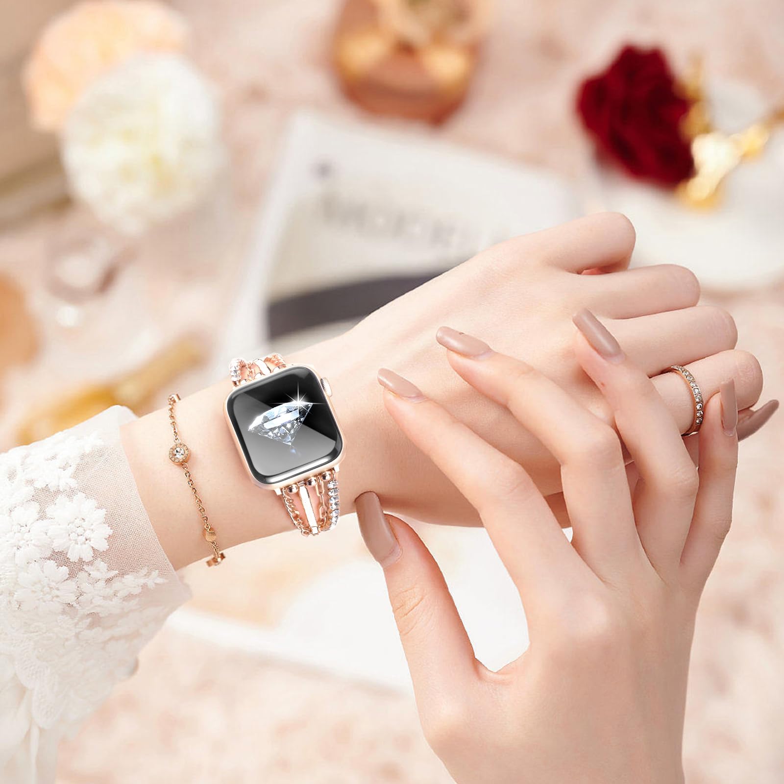 V-MORO Apple Watch Band 38mm 40mm 41mm 42mm 44mm 45mm - Women's Slim Metal Chain Bracelet Compatible with iWatch Series 9/8/7/SE/6/5/4/3/2/1 - Elegant Bling Jewelry Replacement Strap for Work, Party & Daily Wear