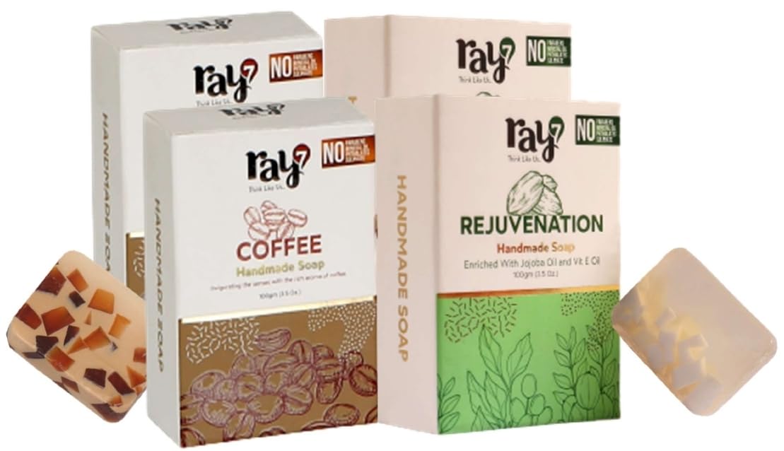 Ray7 Coffee and Rejuvenation Handmade Soap with Jojoba Oil & Vitamin E - Skin Brightening, Sulfate-Free, Paraben-Free, Phthalate-Free, Cruelty-Free - 100g x 4 Bars - Perfect for Dry Skin, Acne-Prone Skin & Daily Facial Cleansing