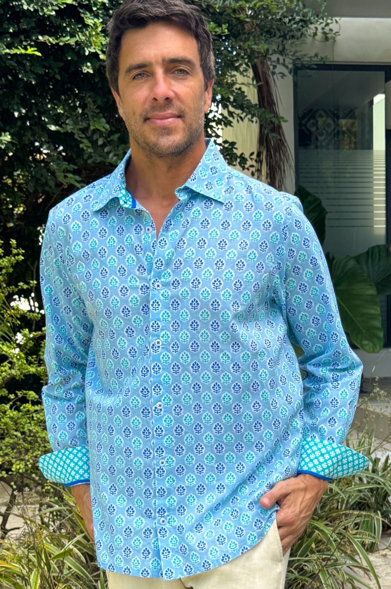 Organic Cotton Men's Shirt - Hyacinth Blue & Turquoise | Breathable Casual Button Down for Work, Travel & Outdoor Activities