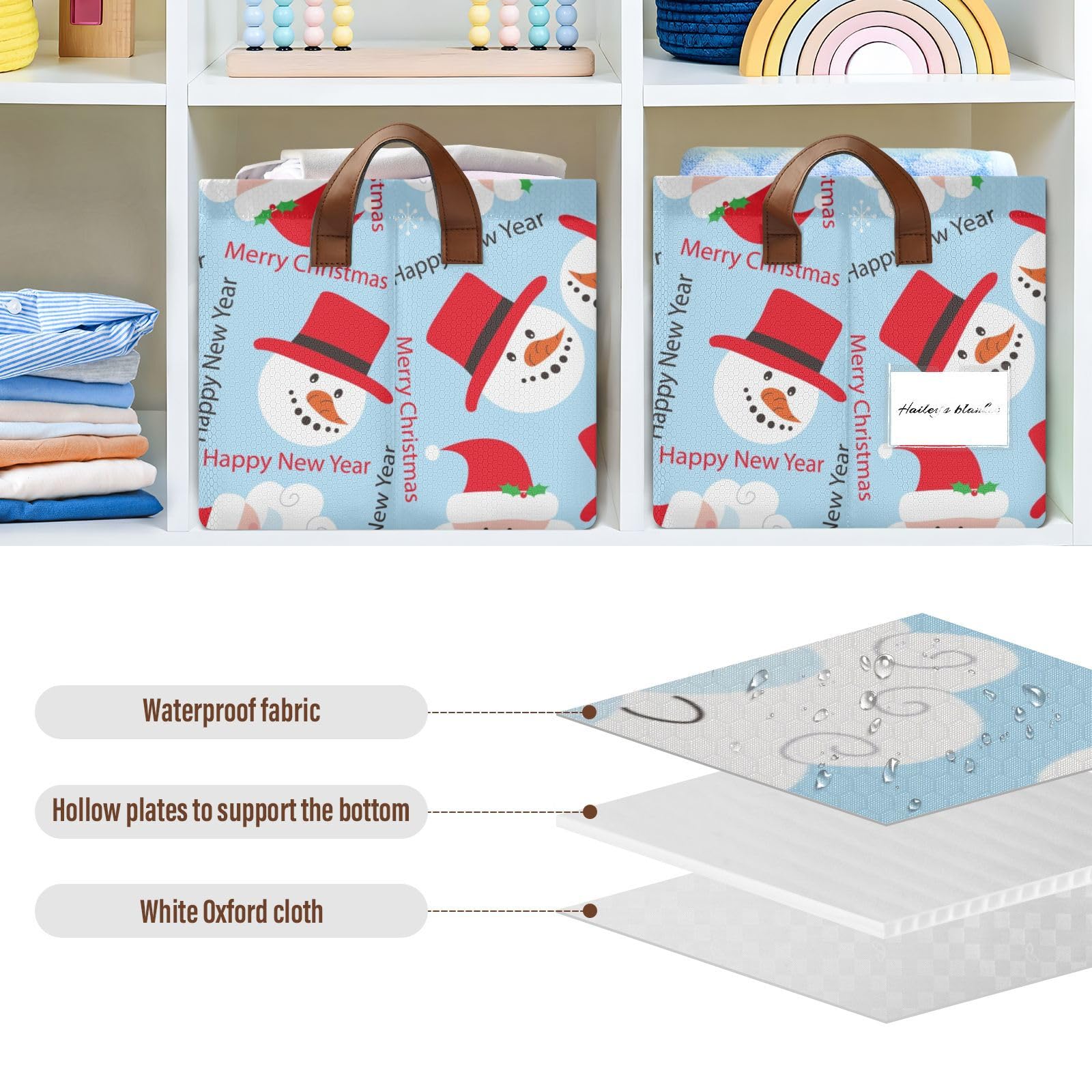 Yuiboo Large Fabric Storage Baskets with Handles - 2 Pack Christmas Holiday Organizer for Closet, Clothes, Toys & Home Decor (Santa & Snowman Design) - Perfect for Seasonal Decor, Gift Wrapping & Bedroom Storage