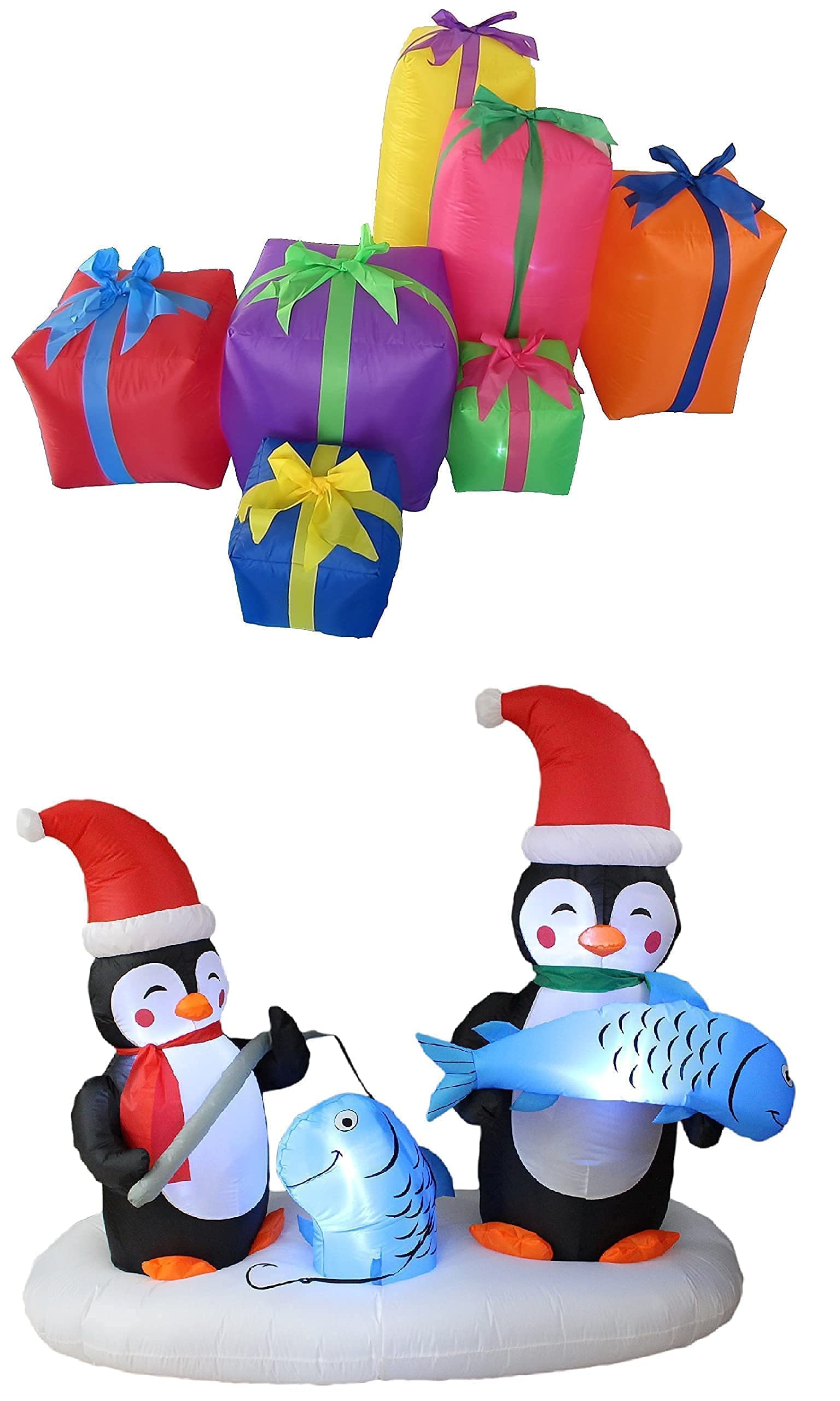 6ft Inflatable Christmas Gift Box & LED Penguin Fishing Decorations Bundle - Holiday Party Decor for Indoor & Outdoor Festive Celebrations