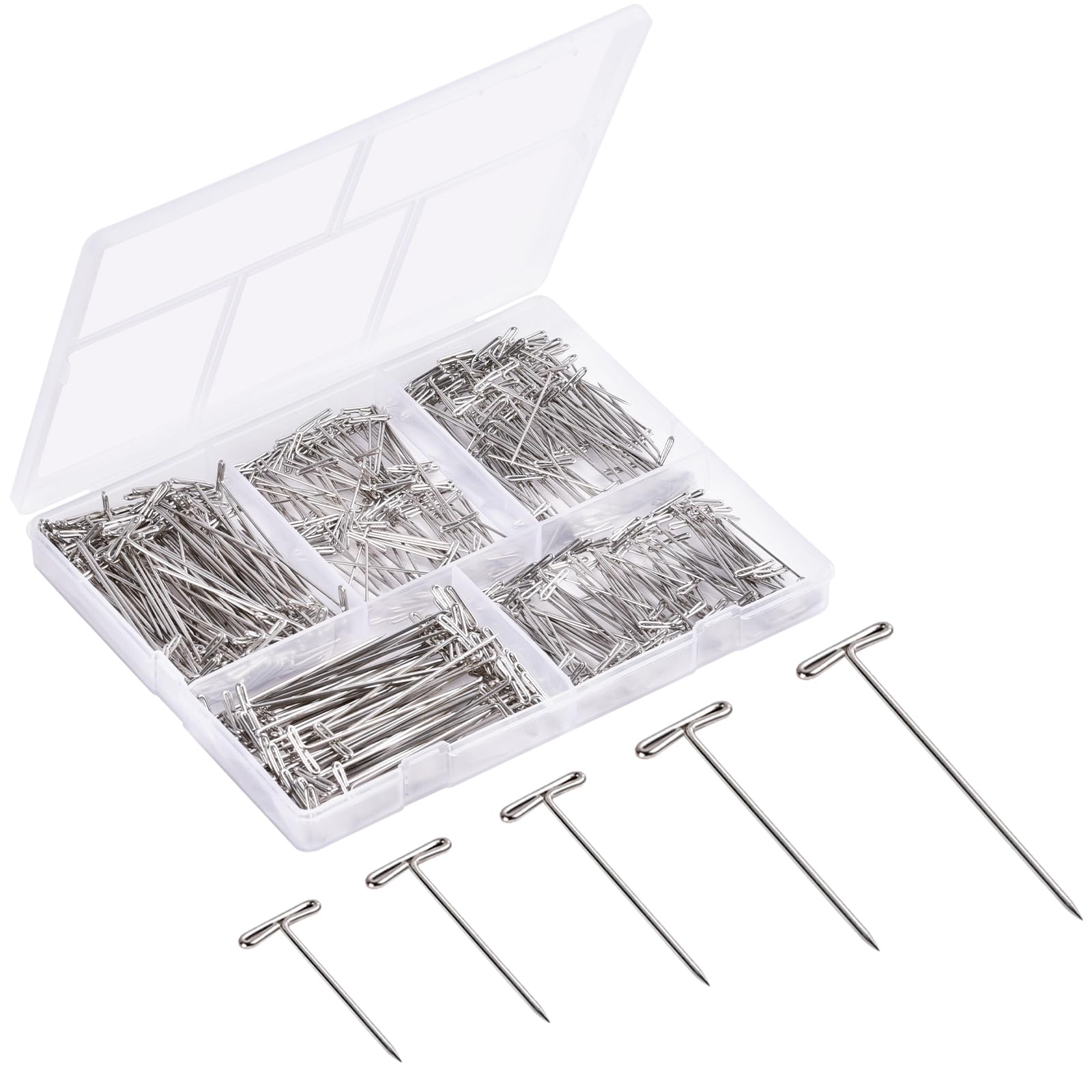 ARRITZ 260pcs T Pins for Wig Making - 5 Sizes (2inch, 1.7inch, 1.4inch, 1.3inch, 1inch) - Straight Sewing Pins for Crochet Blocking, Hat Making, Modeling & DIY Crafts - Perfect for Wig Styling, Fabric Pinning & Sewing Projects