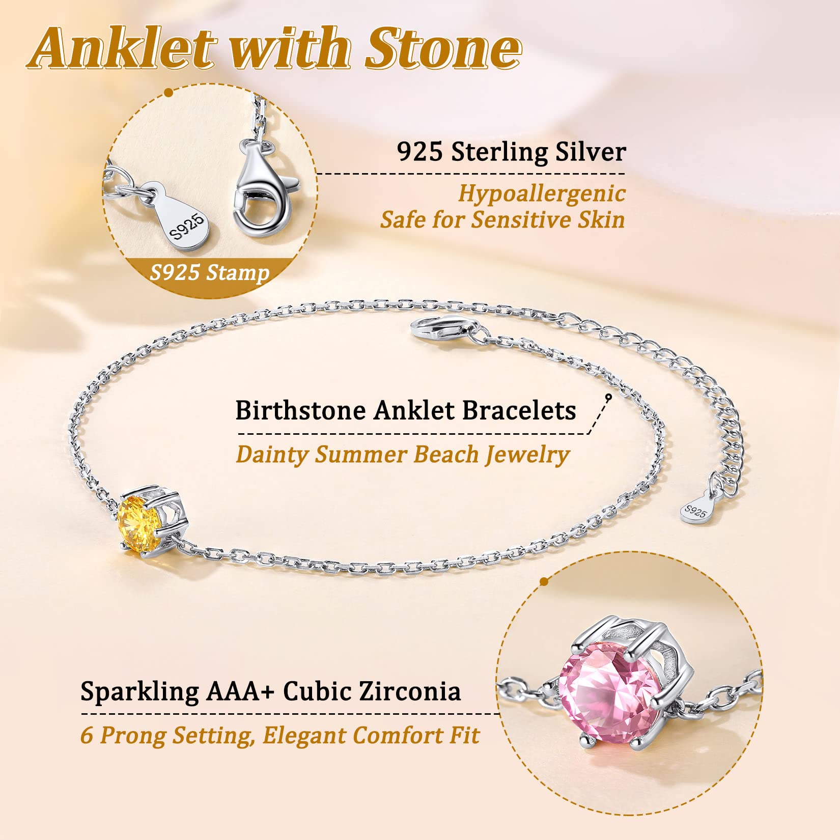 Suplight 925 Sterling Silver Birthstone Crystal Anklet - Dainty Chain Ankle Bracelet for Women | Perfect Gift for Birthday, Anniversary & Special Occasions | Comes with Elegant Gift Box