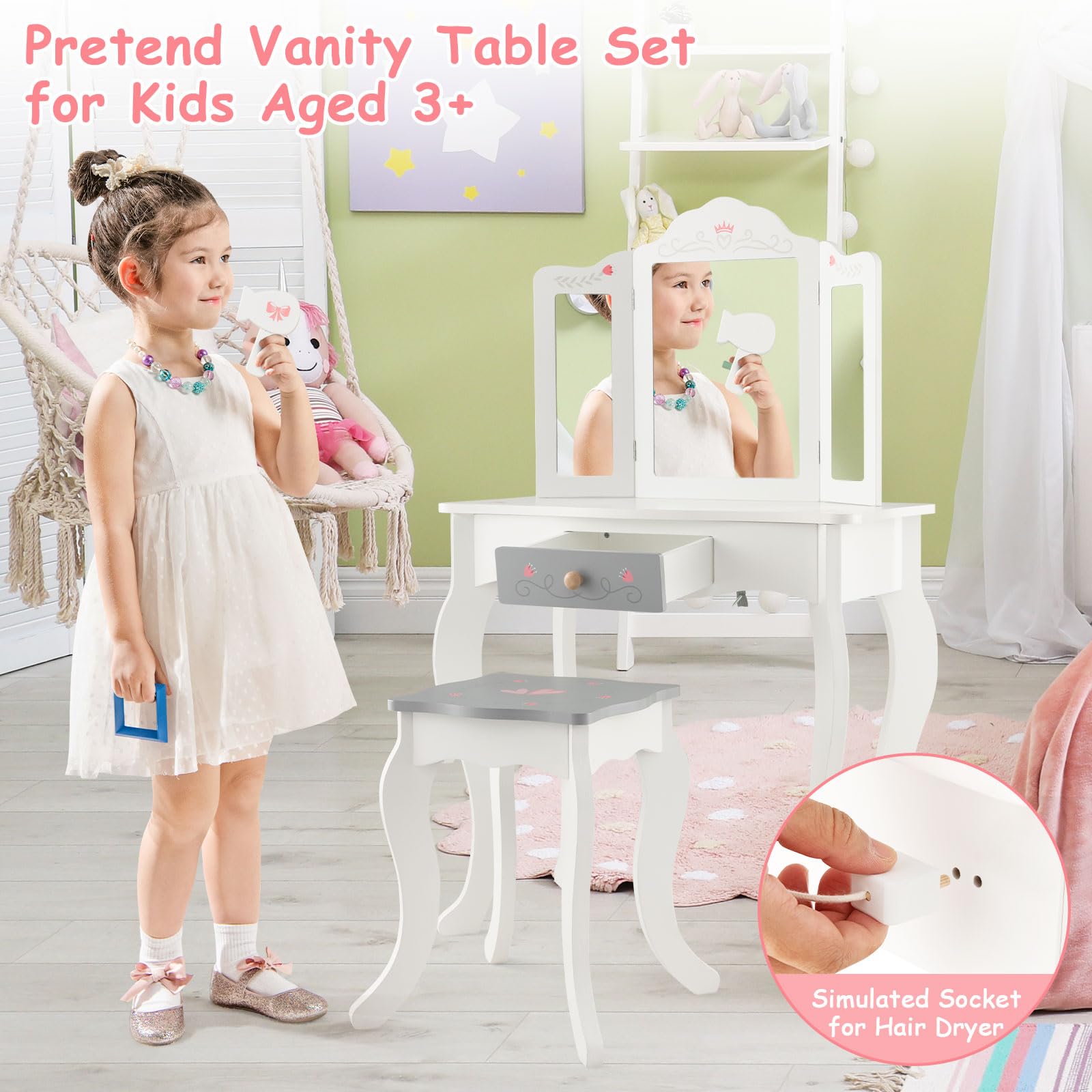 Honey Joy Kids Vanity Set with Mirror & Stool - Wooden Makeup Table for Toddlers - Pretend Play Dressing Toys for Little Girls (White) - Perfect for Birthday Gifts & Role Play