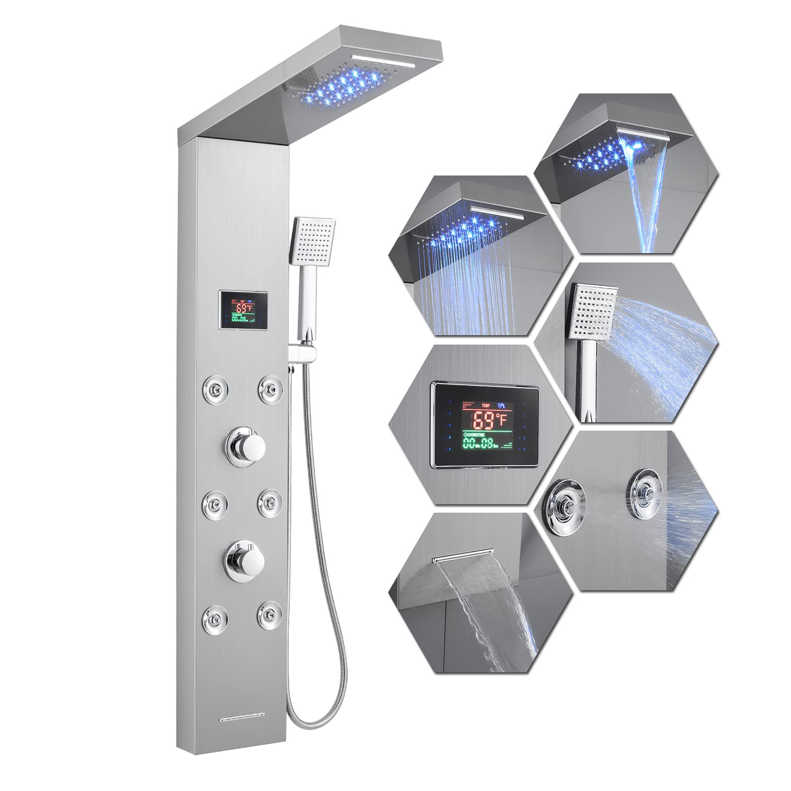 **MENATT 5-in-1 LED Shower Panel Tower System with Rainfall Showerhead, Waterfall & 6 Massage Body Jets – Brushed Nickel – Perfect for Spa-Like Bathroom Upgrades & Luxury Home Renovations**