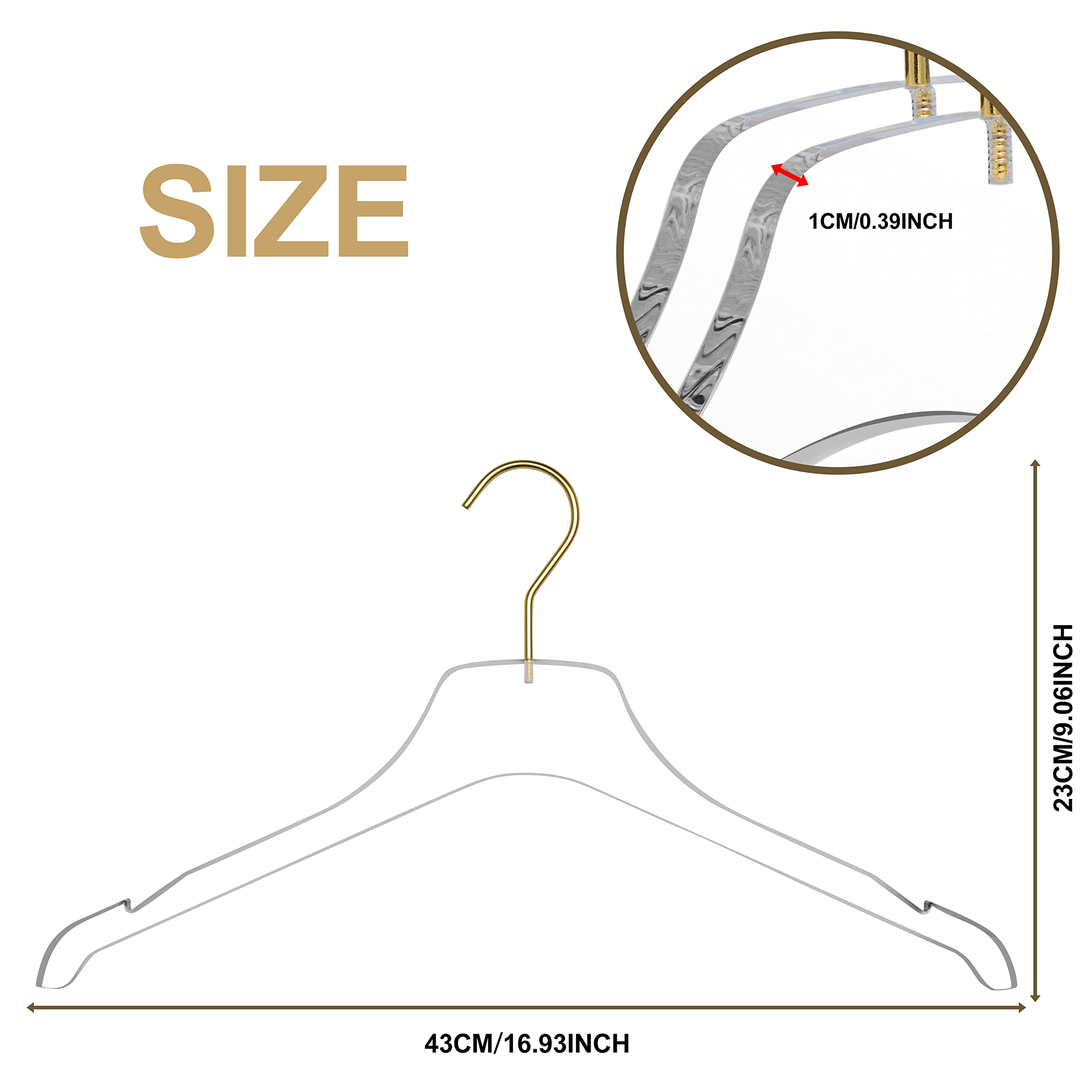 Premium Clear Acrylic Hangers with Swivel Gold Hook - 20 Pack Non-Slip Closet Organizers for Luxury Wardrobe & Display - Perfect for Clothing Boutiques, Walk-in Closets and Jewelry Storage