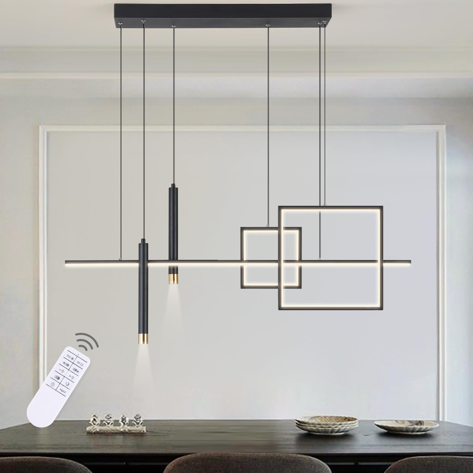 Modern LED Chandelier Lighting - Dimmable Linear Black Pendant Light with Square Design, 39 Inch Contemporary Hanging Fixture for Dining Room, Kitchen Island, Bar Table (3000lm/50W) - Perfect for Modern Home Decor, Restaurant Lighting, and Commercial Spaces