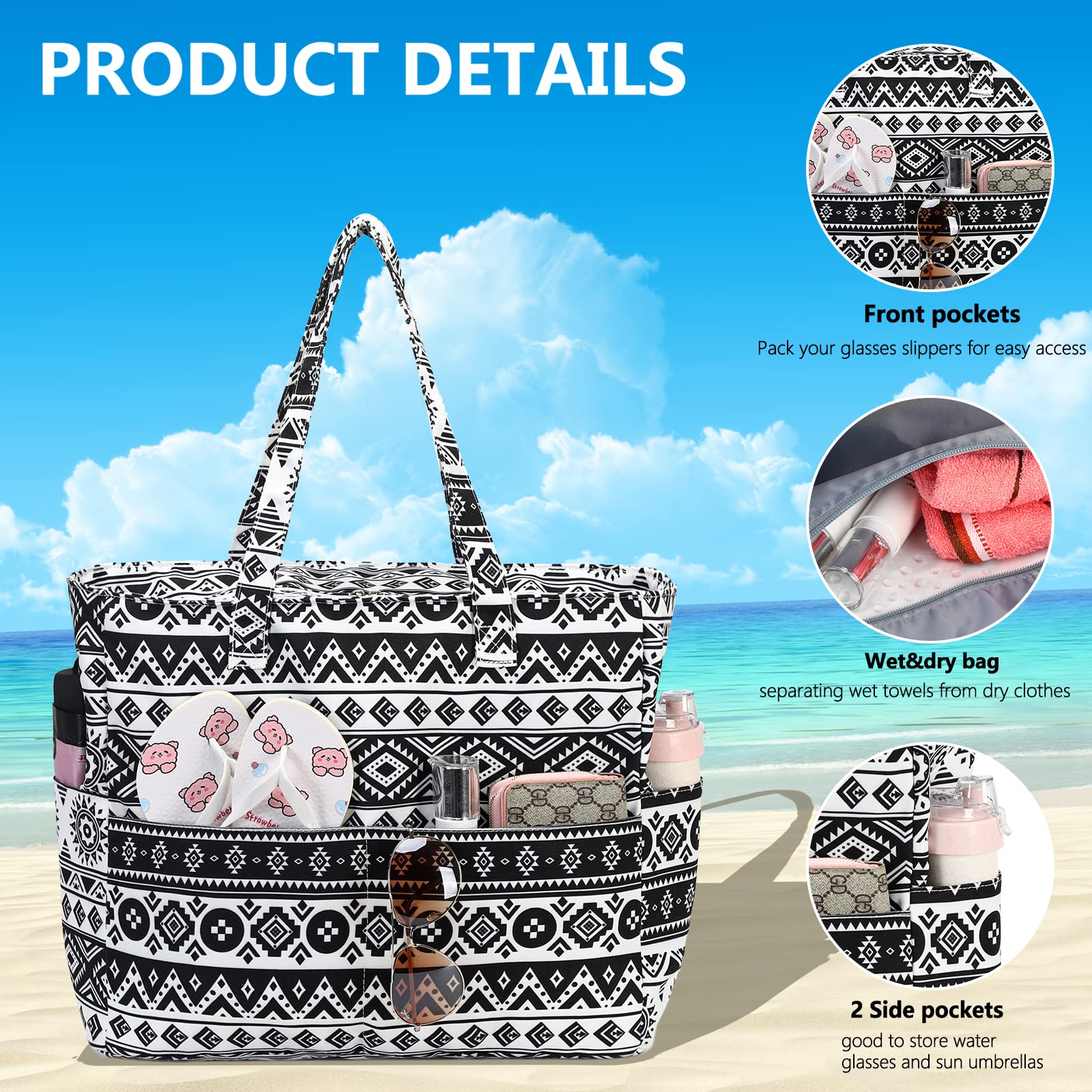 Waterproof Sandproof Large Beach Tote Bag for Women with Zipper & Wet Pocket - Perfect for Pool, Gym, Grocery Shopping & Travel Accessories | Durable Carryall for Summer Vacation, Beach Day & Outdoor Activities