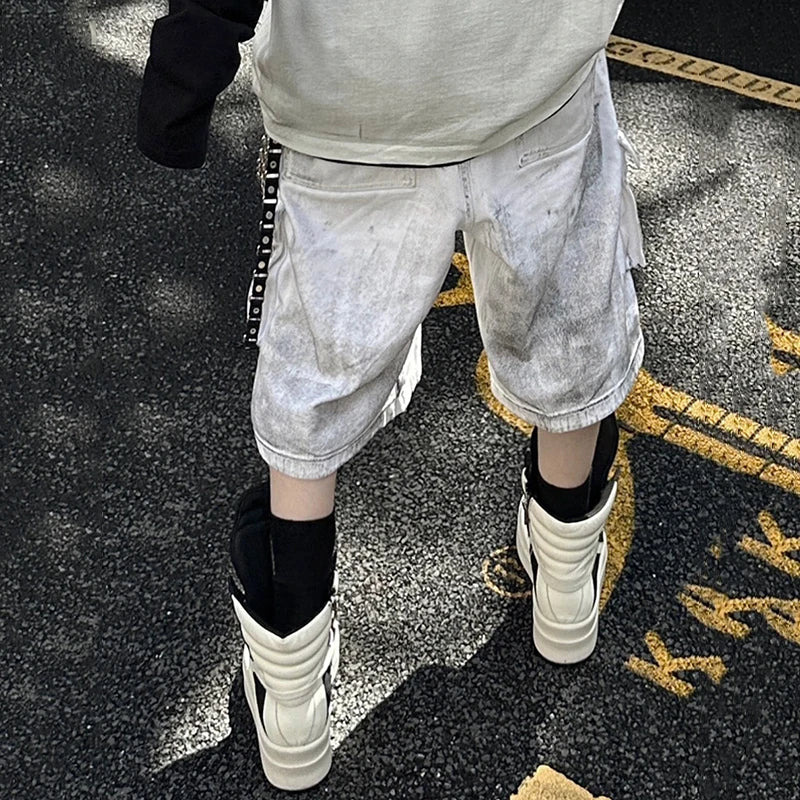 American Style Men's Distressed Denim Shorts with Big Pockets - Straight Wide Leg Casual Jeans for Men (Design 9C6702) | Perfect for Summer Outings, Beach Trips, and Casual Streetwear